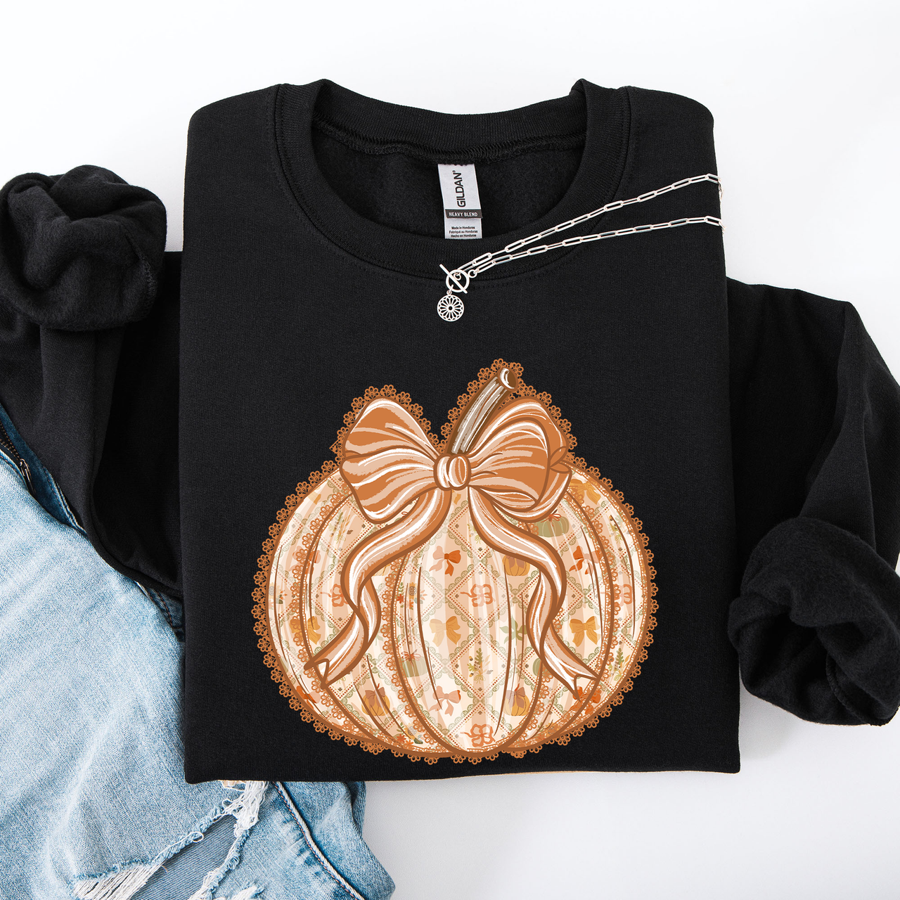 Pumpkin Faux Lace Coquette Pattern Cozy Autumn Inspired Premium Soft Cotton Blend Layering Sweatshirt