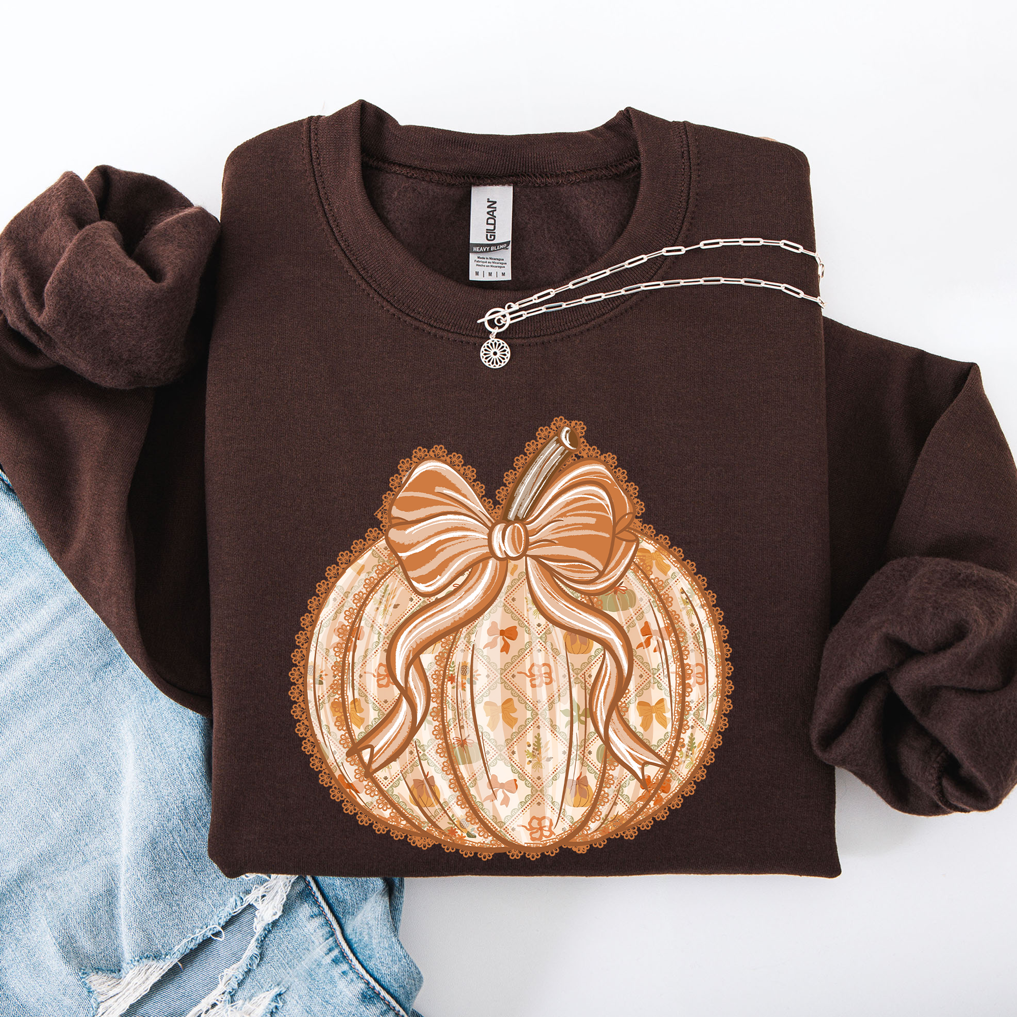 Pumpkin Faux Lace Coquette Pattern Cozy Autumn Inspired Premium Soft Cotton Blend Layering Sweatshirt