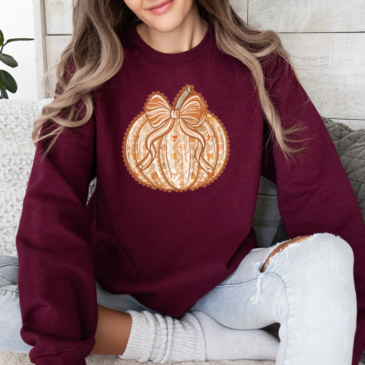 Pumpkin Faux Lace Coquette Pattern Cozy Autumn Inspired Premium Soft Cotton Blend Layering Sweatshirt