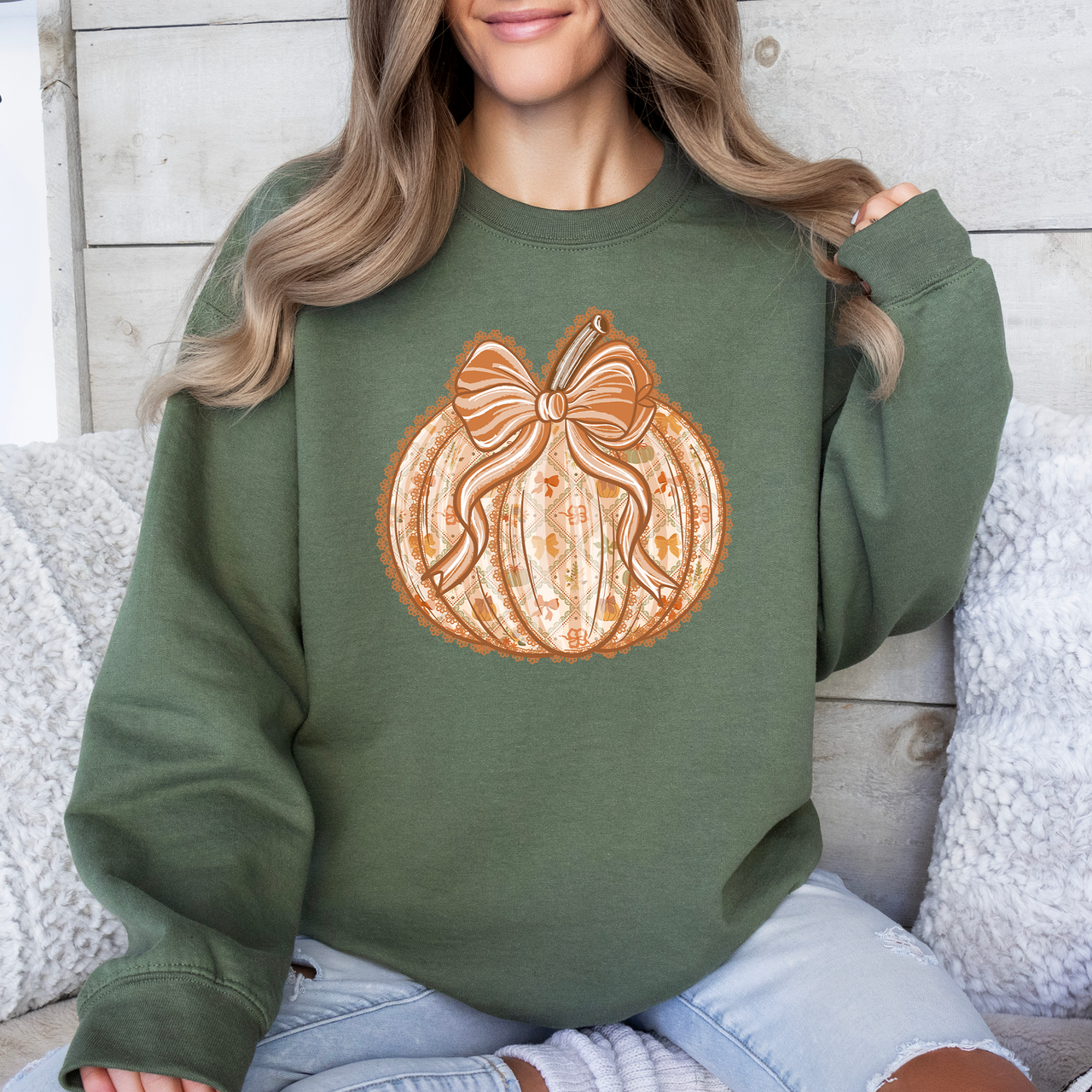 Pumpkin Faux Lace Coquette Pattern Cozy Autumn Inspired Premium Soft Cotton Blend Layering Sweatshirt