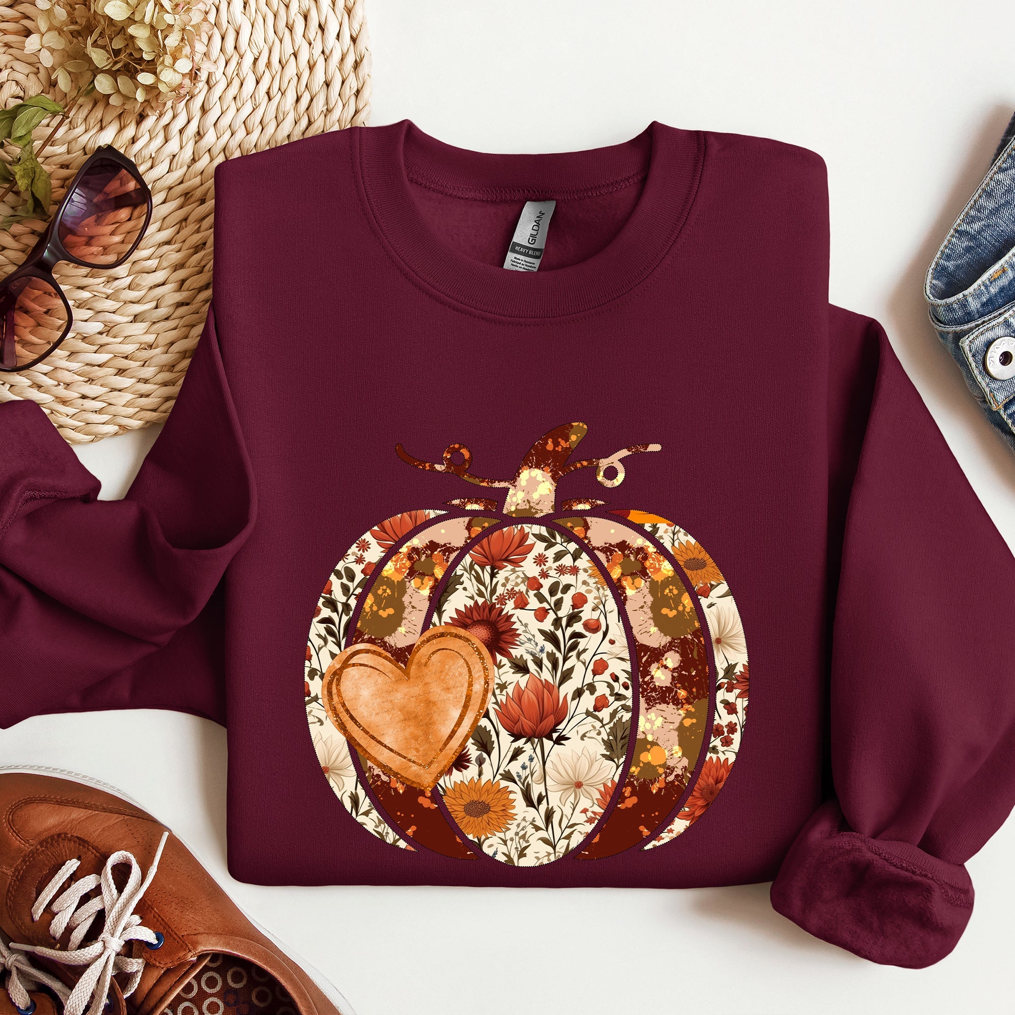 Pumpkin Heart Love Thanksgiving Fall Autumn Halloween Floral Flower Seasonal Sweatshirt