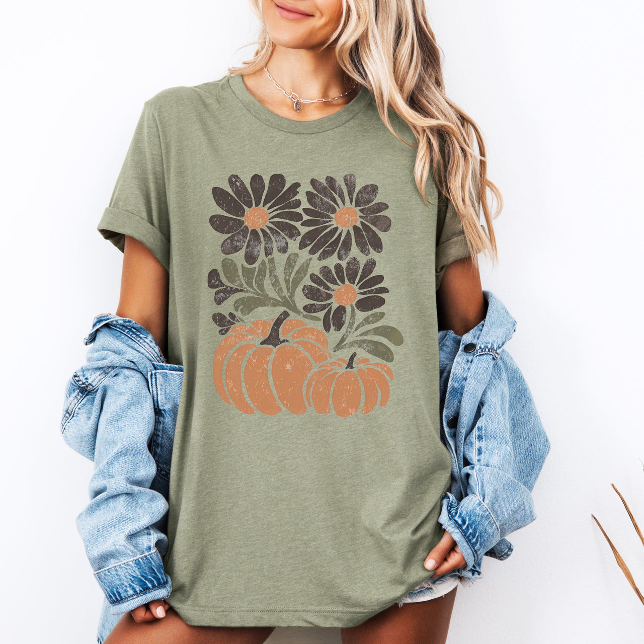 Pumpkins and Flowers Watercolor Halloween Autumn Scene Botanical Whimsy Graphic Tee