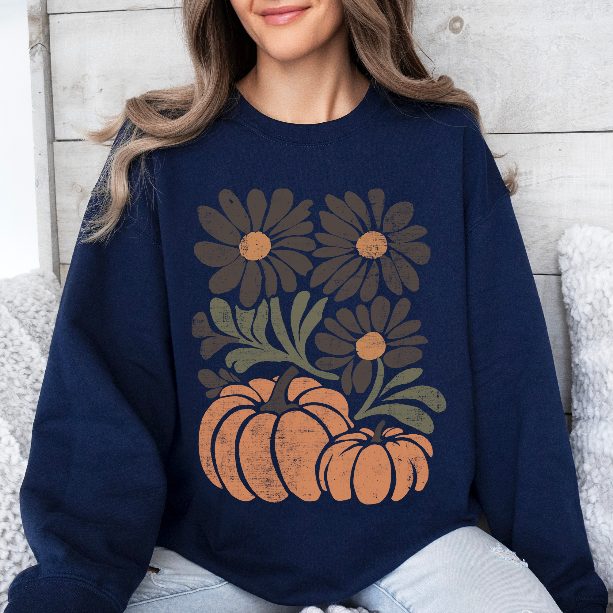 Pumpkins and Flowers Watercolor Autumn Florals Sunflowers Cozy Seasonal Print Sweatshirt