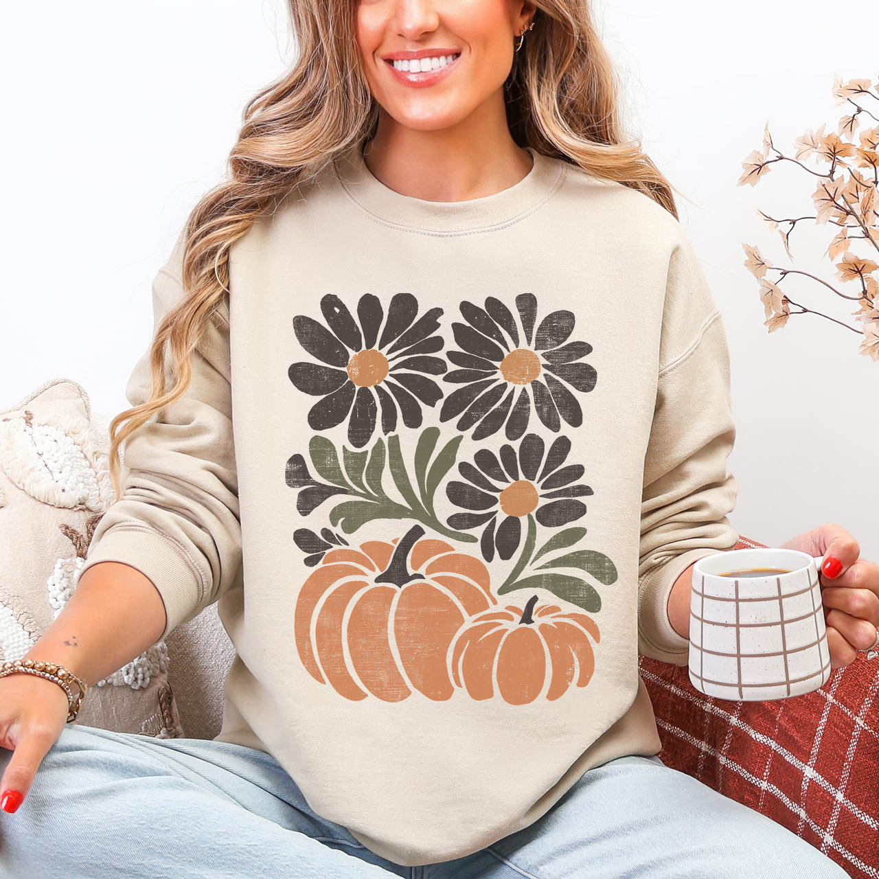 Pumpkins and Flowers Watercolor Autumn Florals Sunflowers Cozy Seasonal Print Sweatshirt