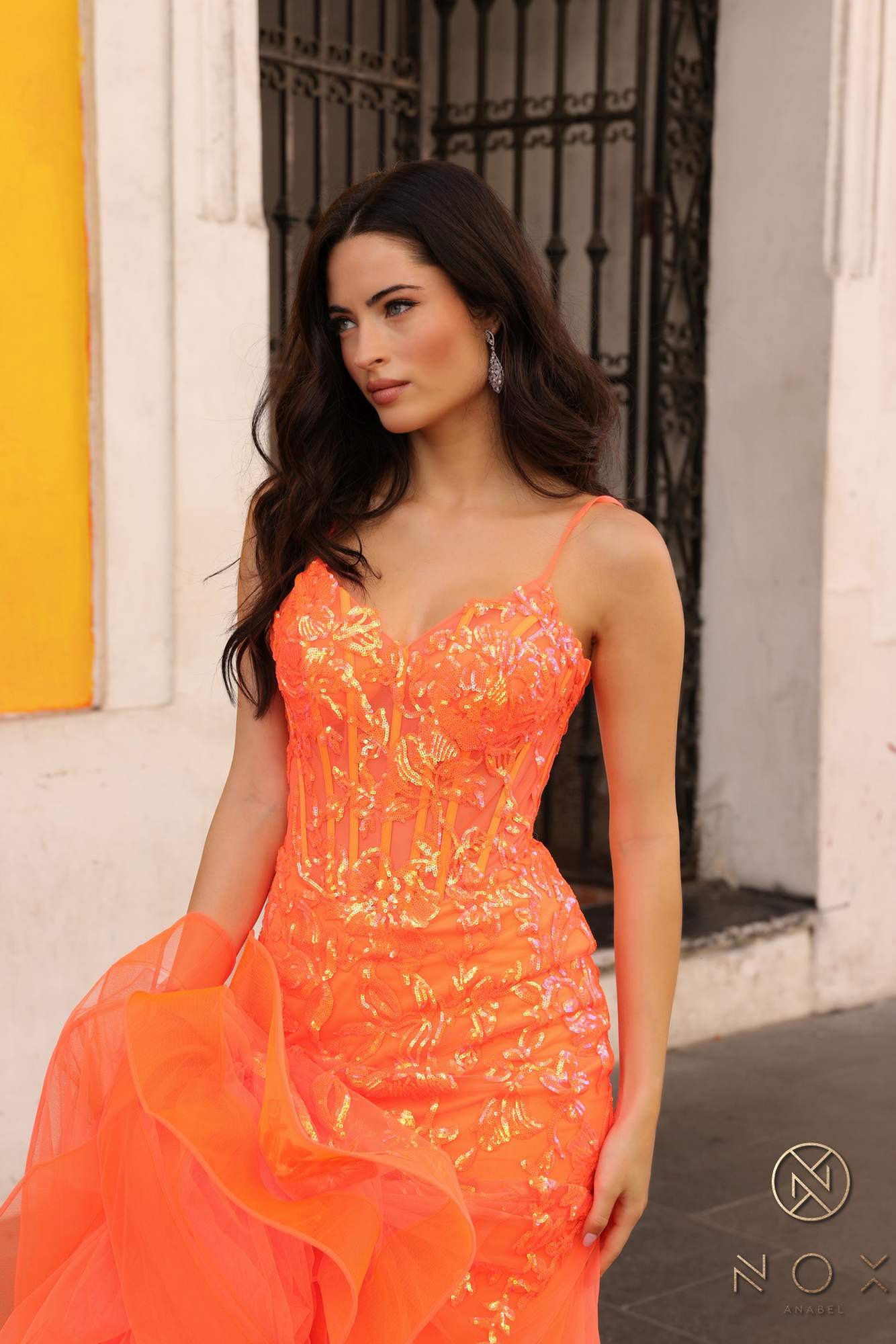 Nox Anabel Q1390 Long Fitted Sequin Applique Trumpet Skirt Gown