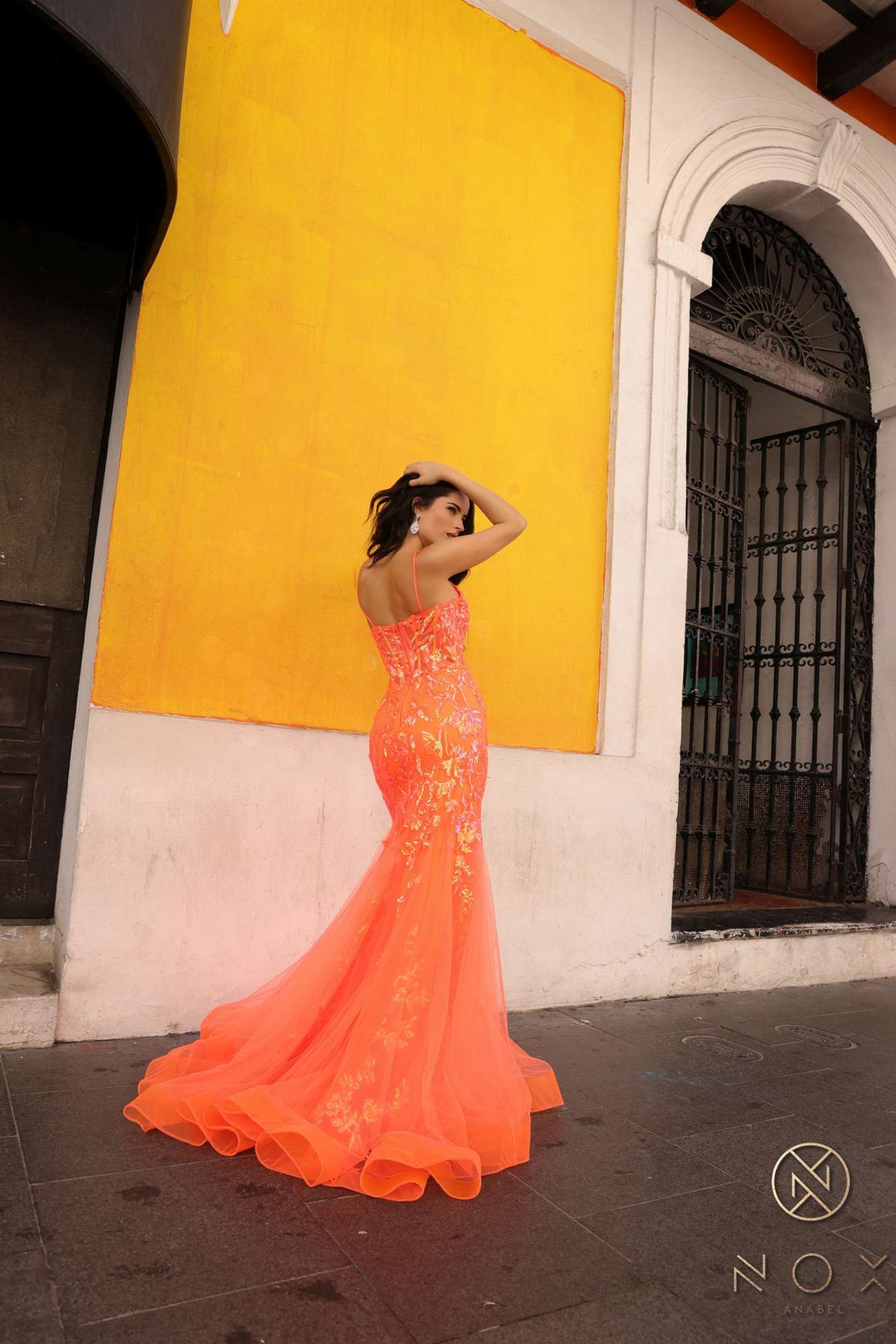 Nox Anabel Q1390 Long Fitted Sequin Applique Trumpet Skirt Gown