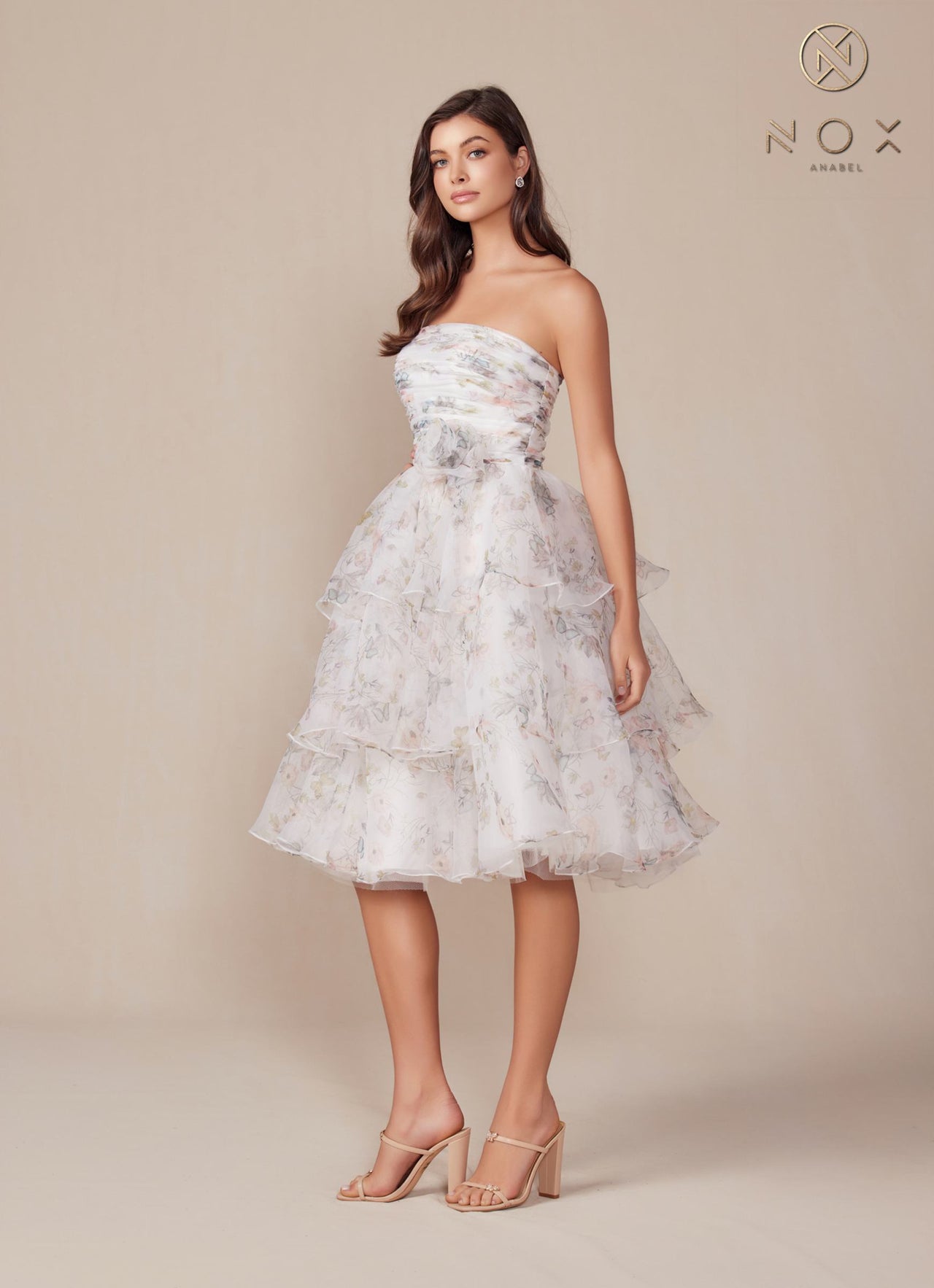 Nox Anabel Q842 Floral Print A-Line Tea Length Dress