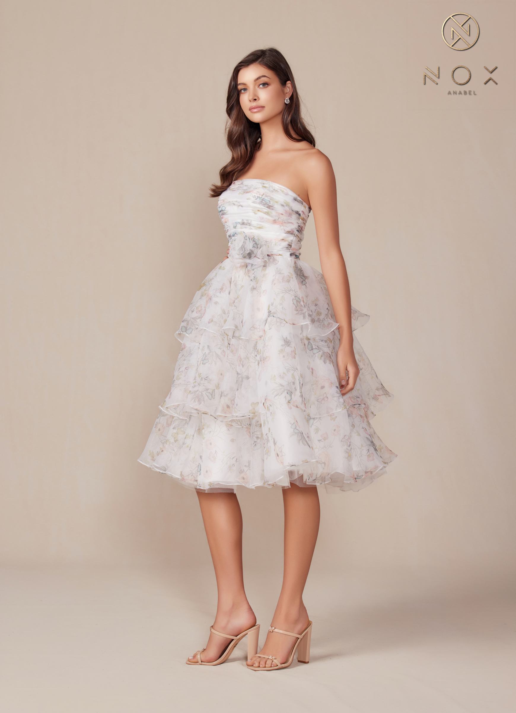 Nox Anabel Q842 Floral Print A-Line Tea Length Dress