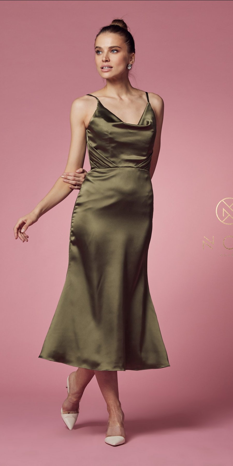 Nox Anabel R1027 Tea Midi-Length Formal Gown with Cowl Neckline