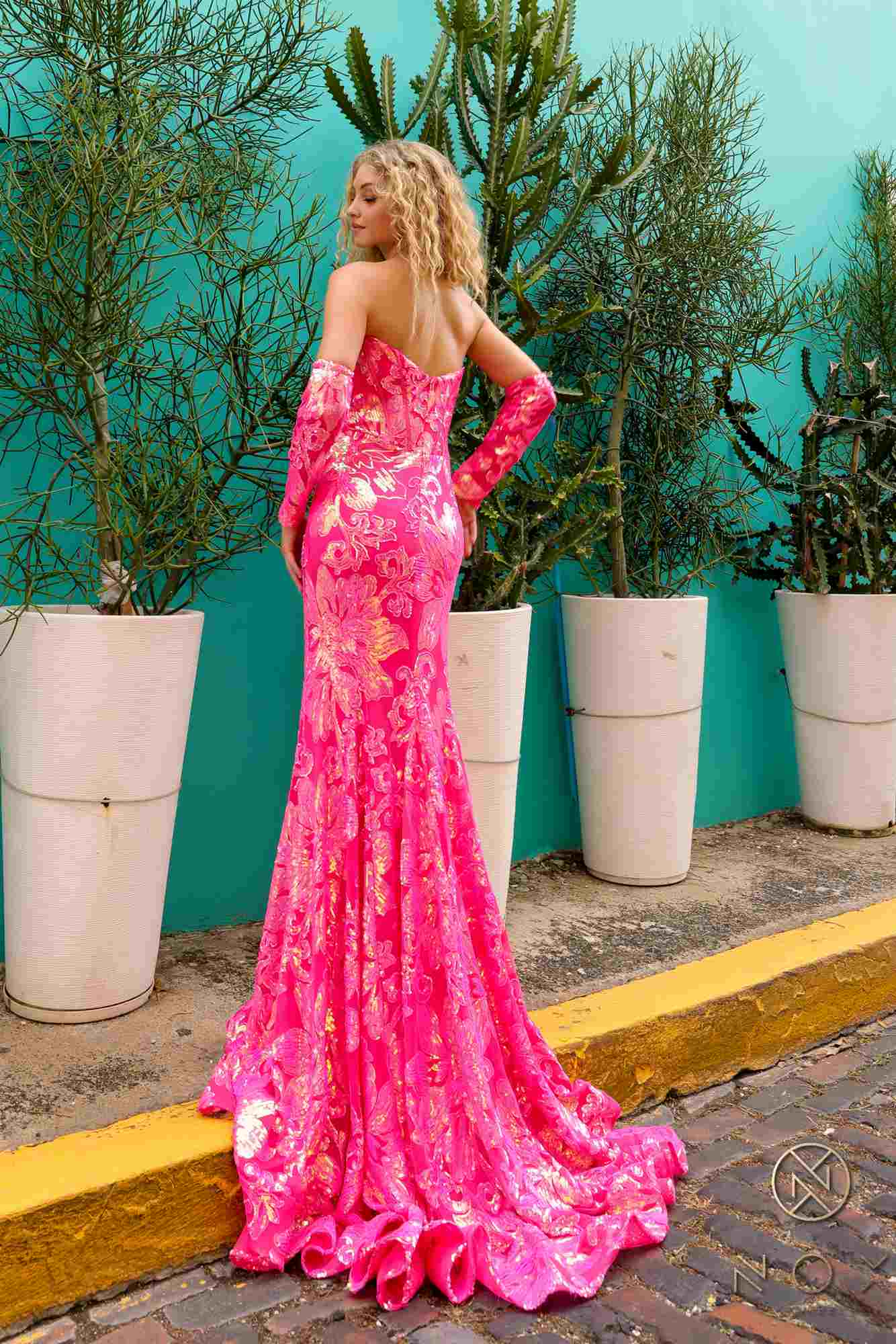 Nox Anabel R1268 Fitted Strapless Flower Design Sequin Gown with Matching Sleeves