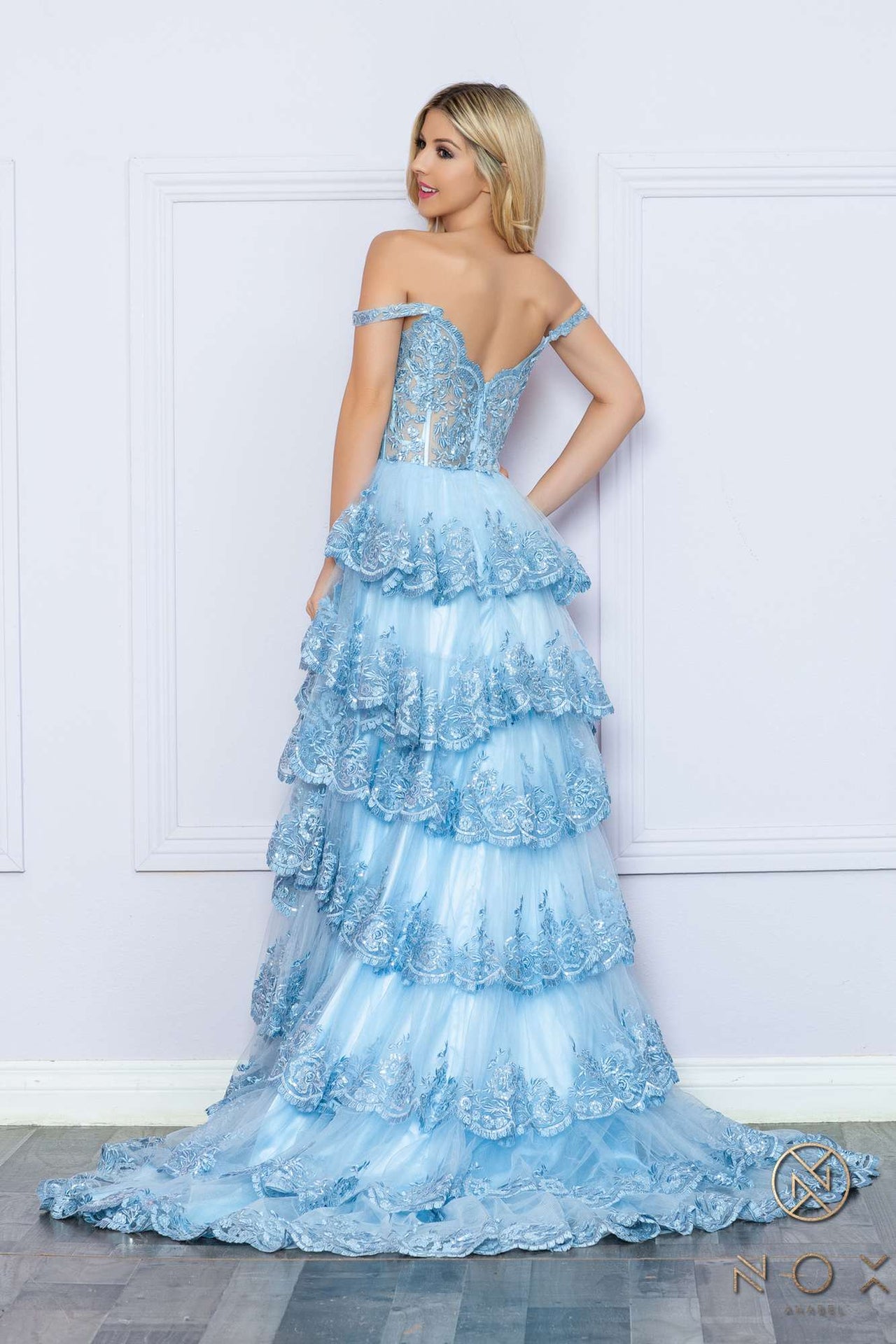 Nox Anabel R1299 Long Off the Shoulder Tiered Skirt A-Line Formal Gown