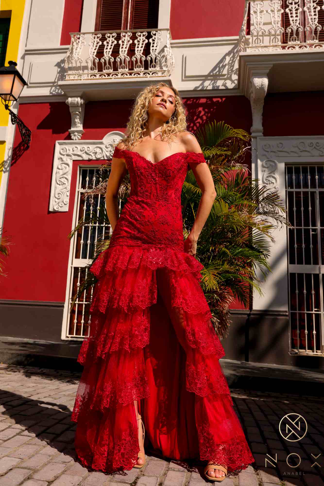 Nox Anabel R1301 Long Layered Tiered Skirt Off Shoulder Corset Dress