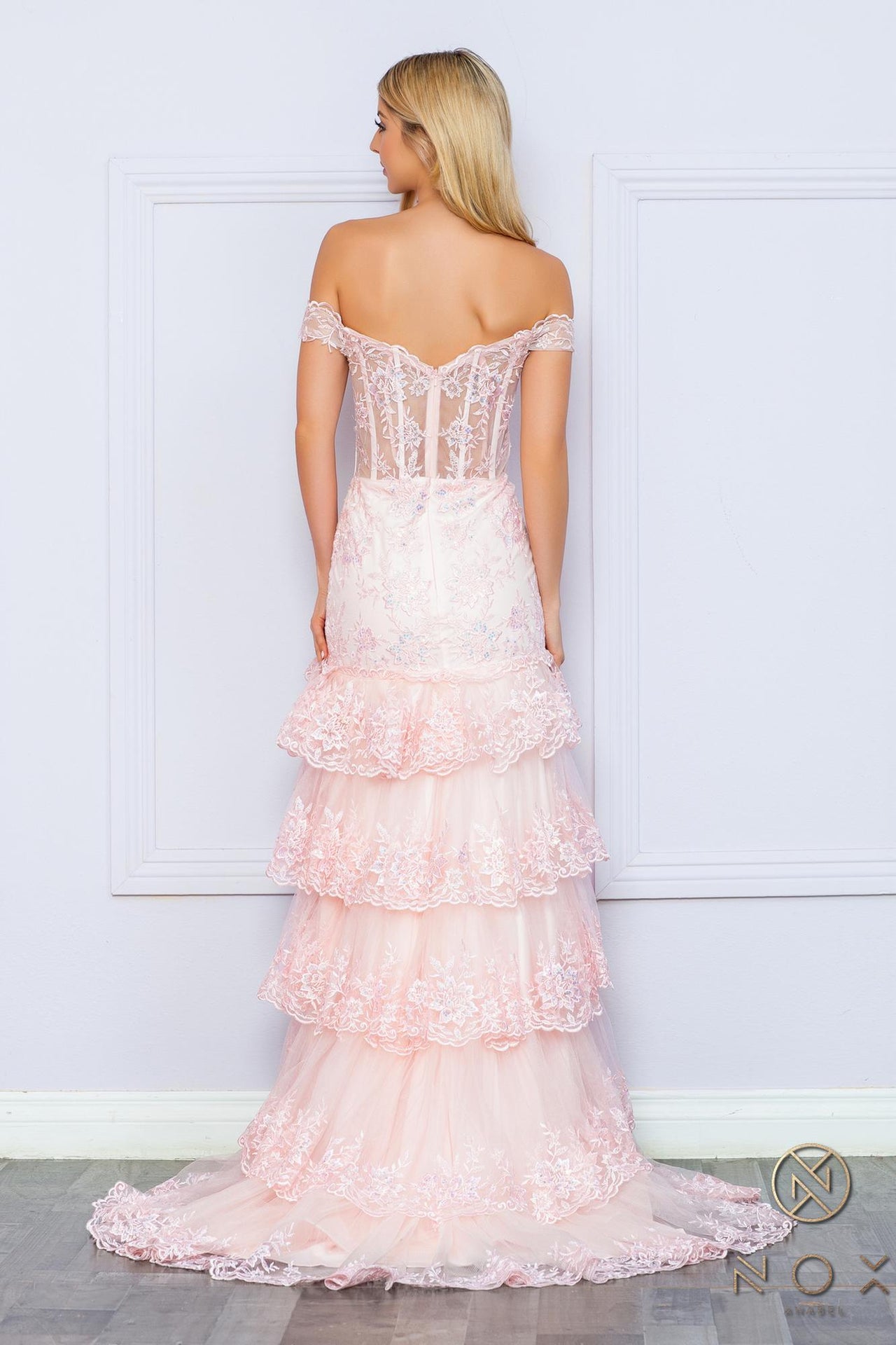 Nox Anabel R1301 Long Layered Tiered Skirt Off Shoulder Corset Dress