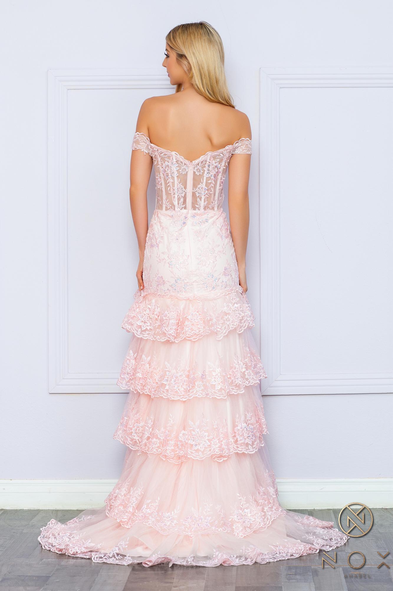 Nox Anabel R1301 Long Layered Tiered Skirt Off Shoulder Corset Dress