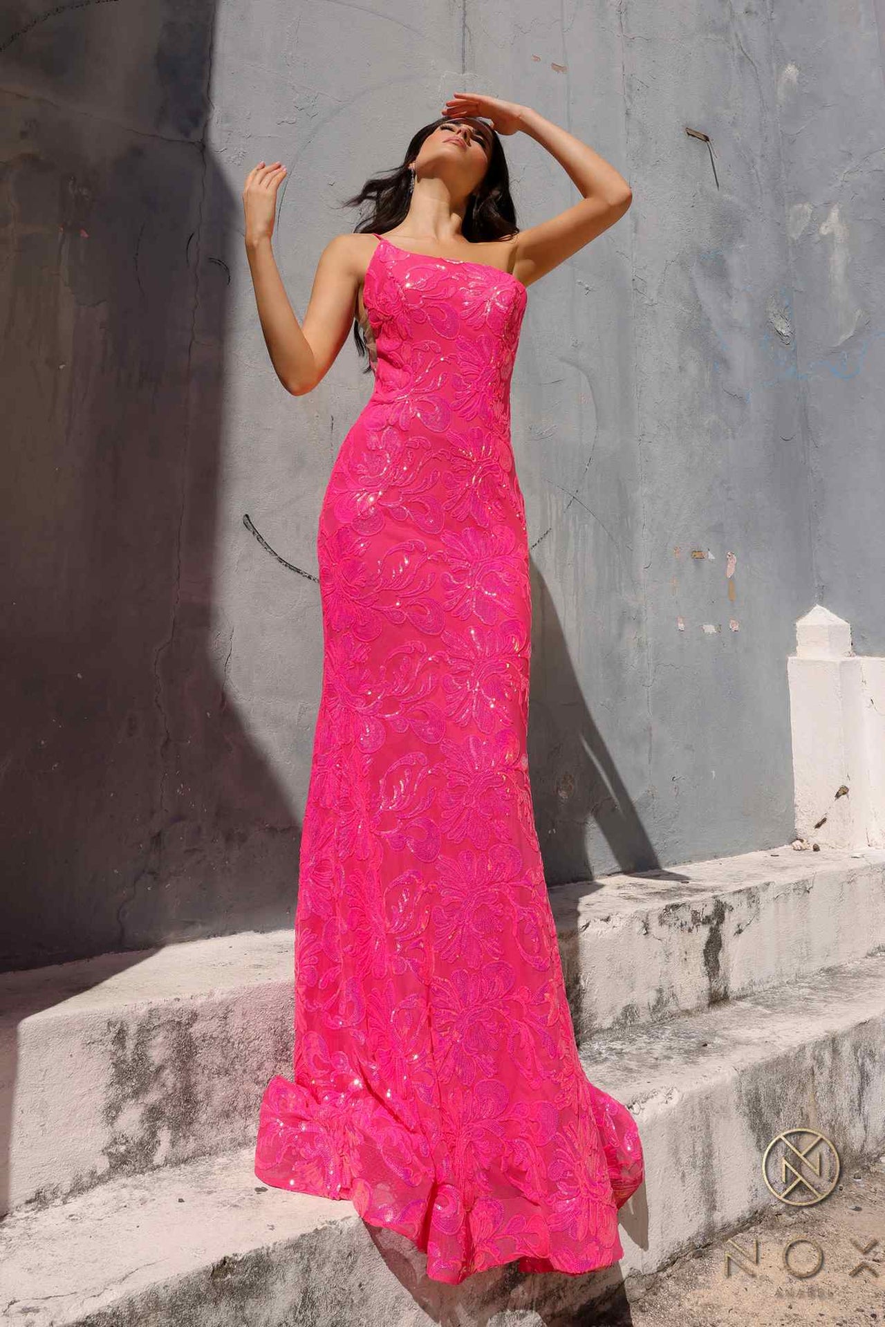 Nox Anabel R1308 Long Sequin Floral Print One Shoulder Mermaid Gown