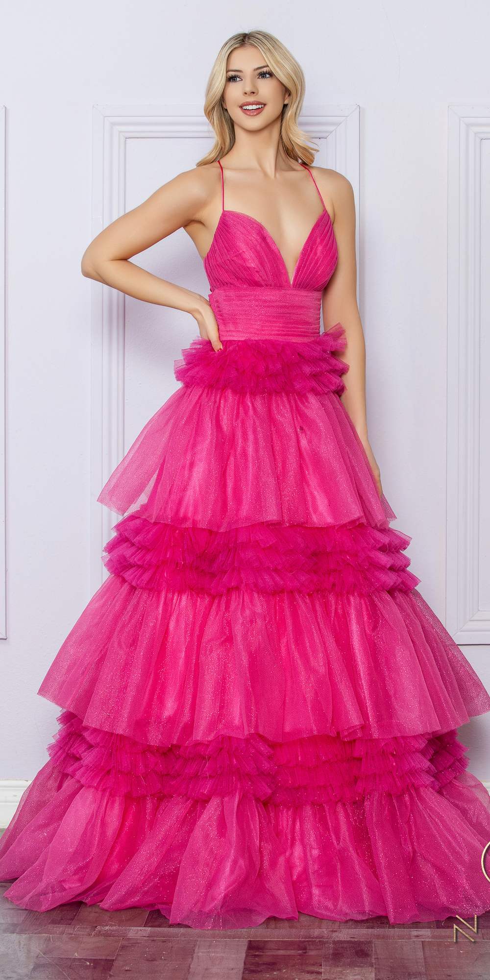 Nox Anabel R1316 Long Glitter Ruffled Tiered A-Line Sleeveless Gown