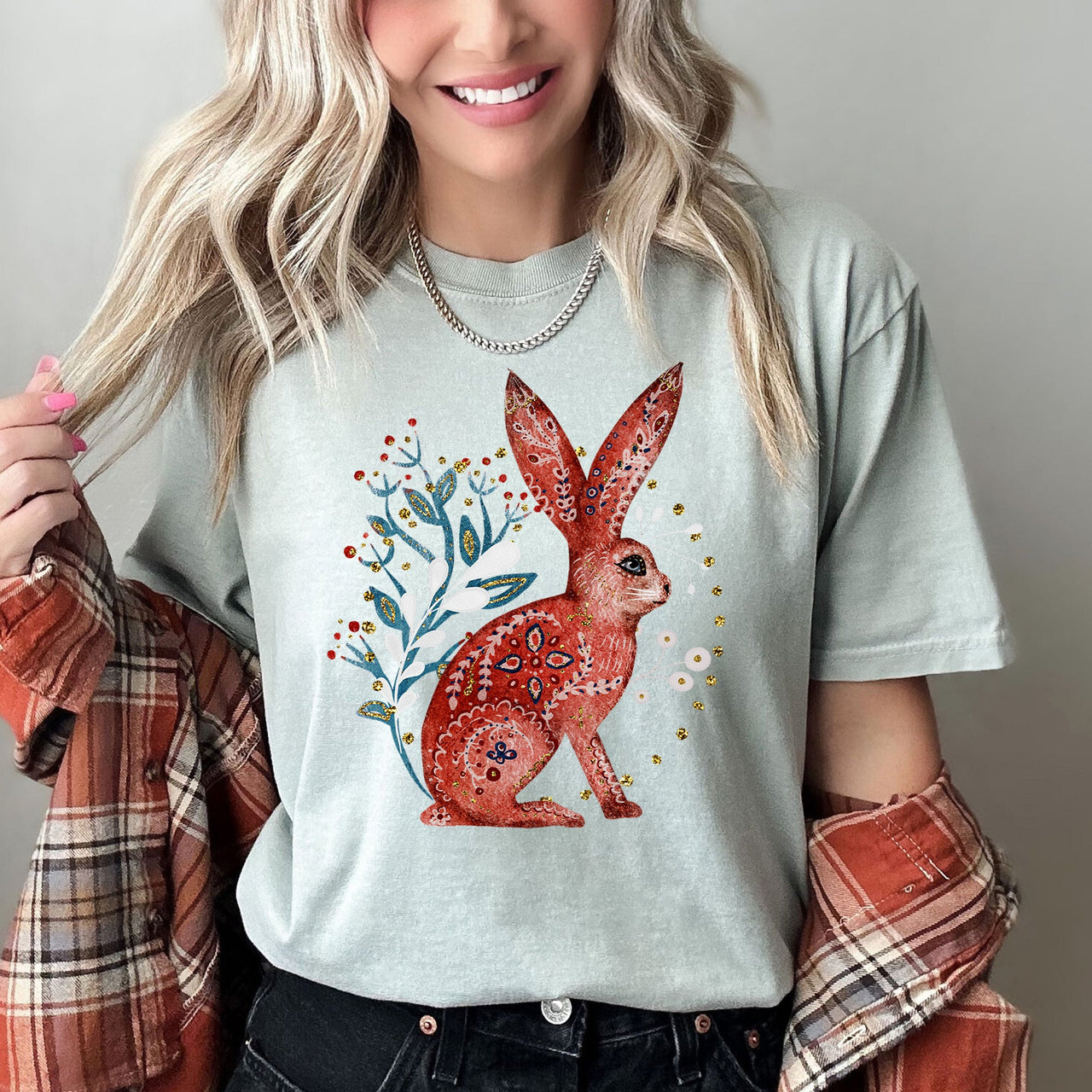 Rabbit Folk Art Inspired Scandinavian Winter Christmas Scene Art Comfort Colors Tee