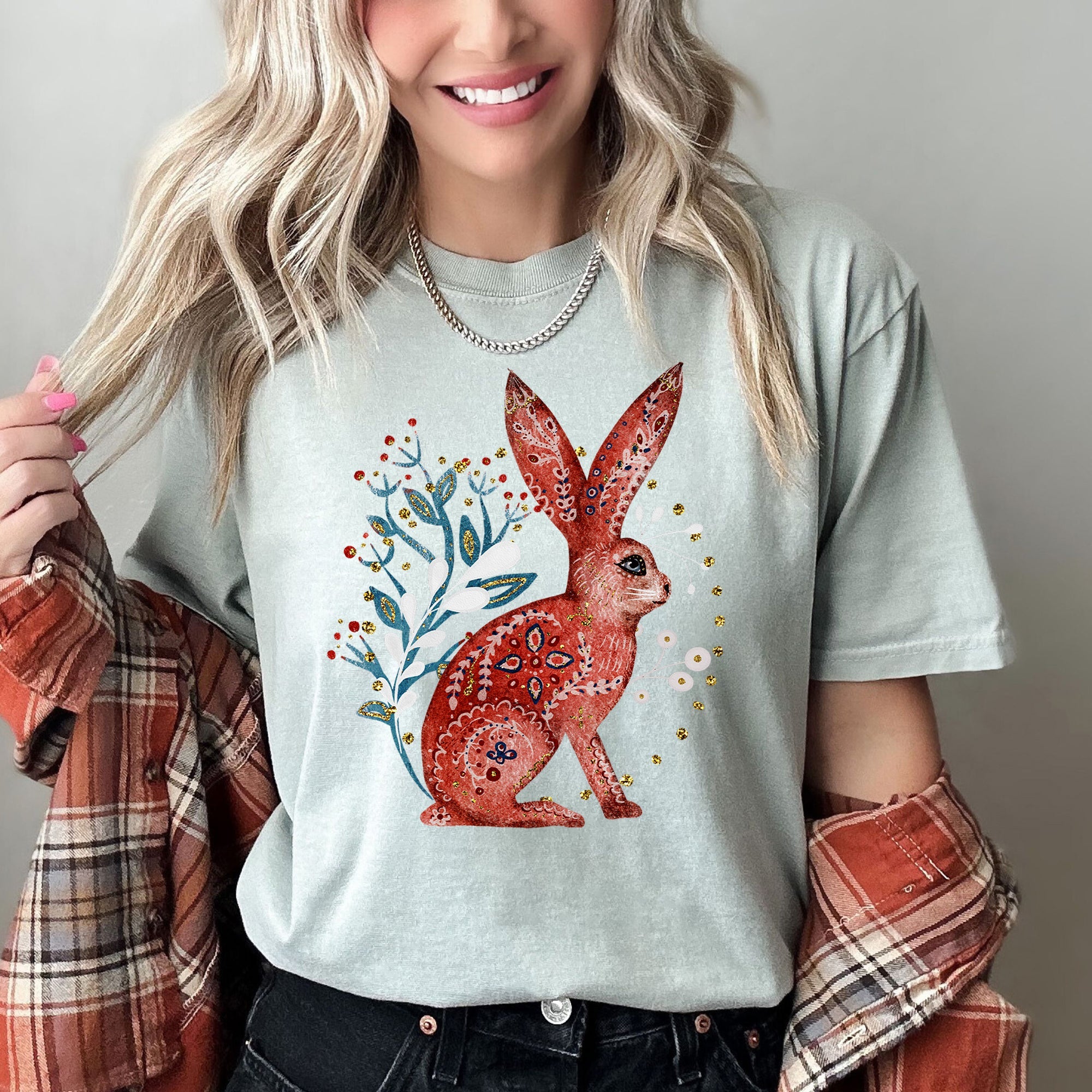Rabbit Folk Art Inspired Scandinavian Winter Christmas Scene Art Comfort Colors Tee