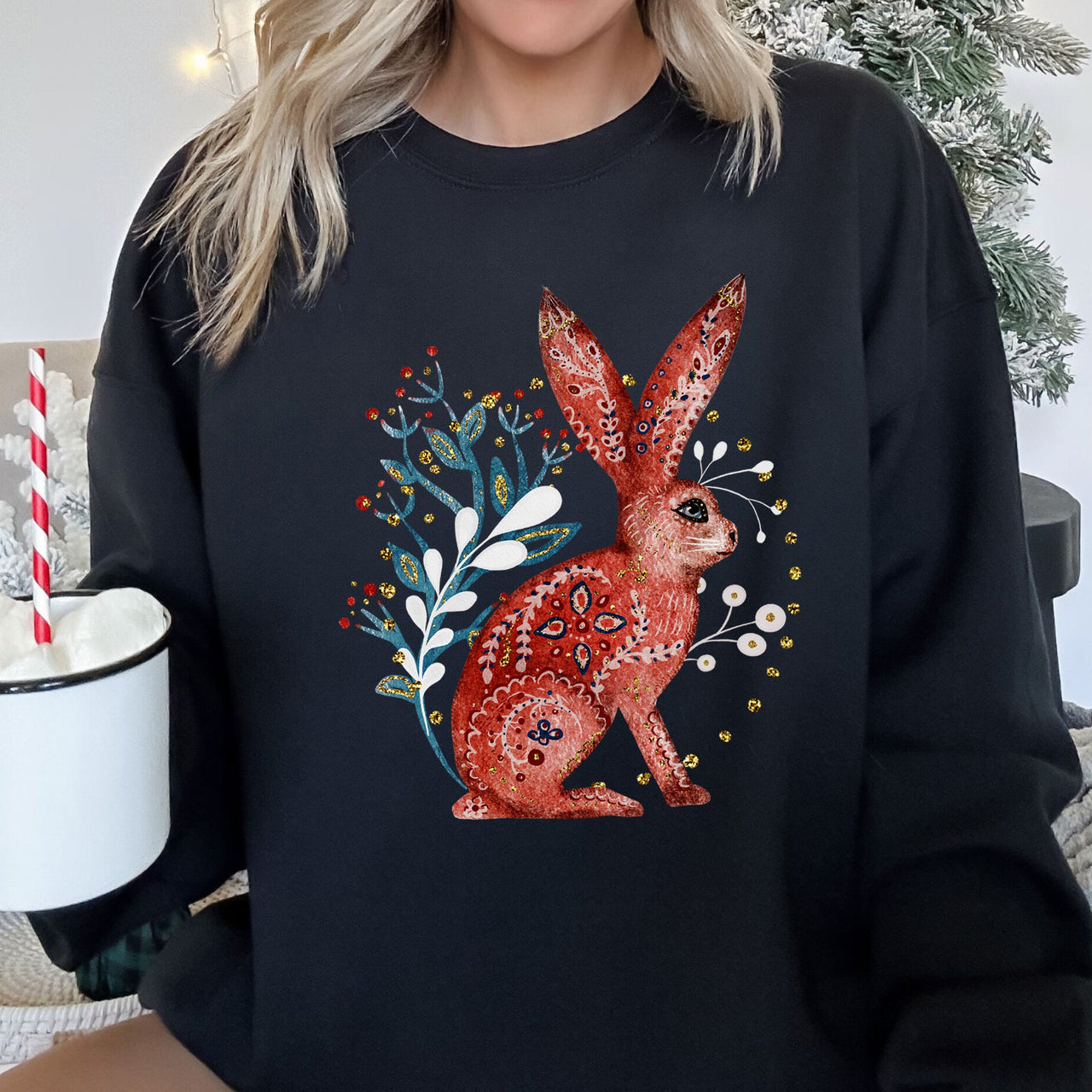 Rabbit Folk Art Inspired Scandinavian Winter Christmas Illustrated Cozy Holiday Graphic Sweatshirt