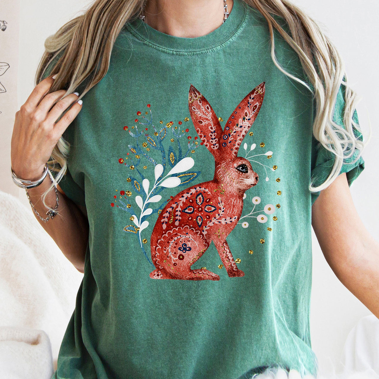 Rabbit Folk Art Inspired Scandinavian Winter Christmas Scene Art Comfort Colors Tee