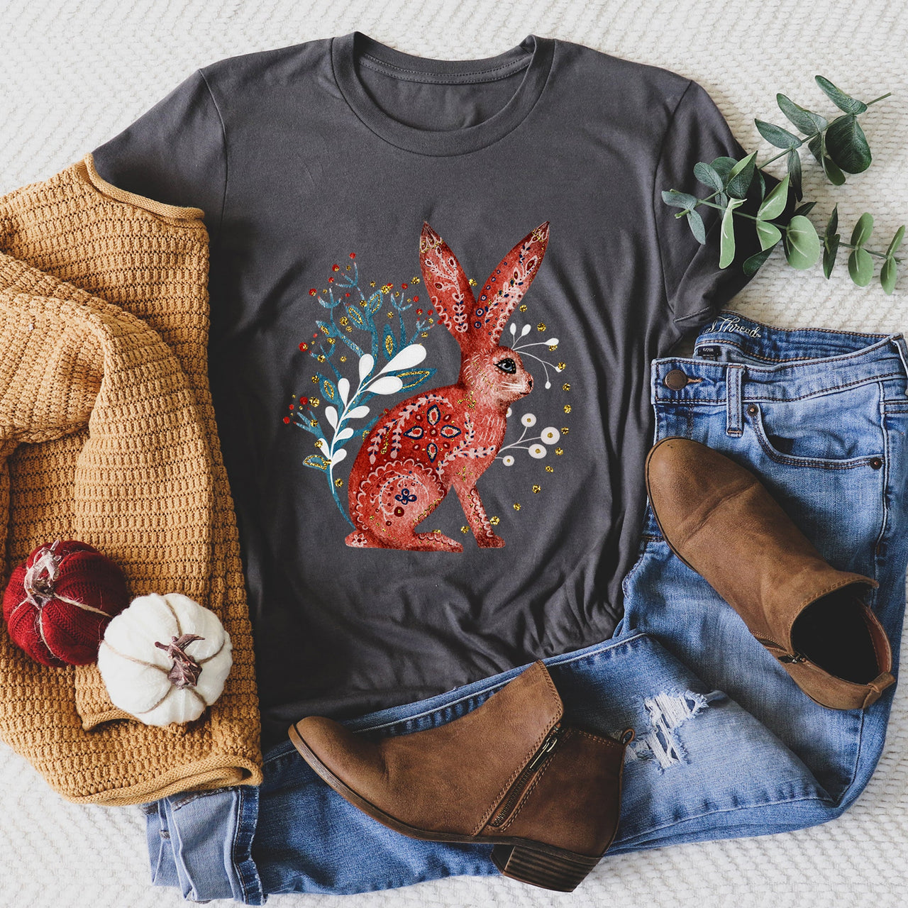 Rabbit Folk Art Scandinavian Winter Christmas Illustration With Cozy Nordic Charm Graphic Tee