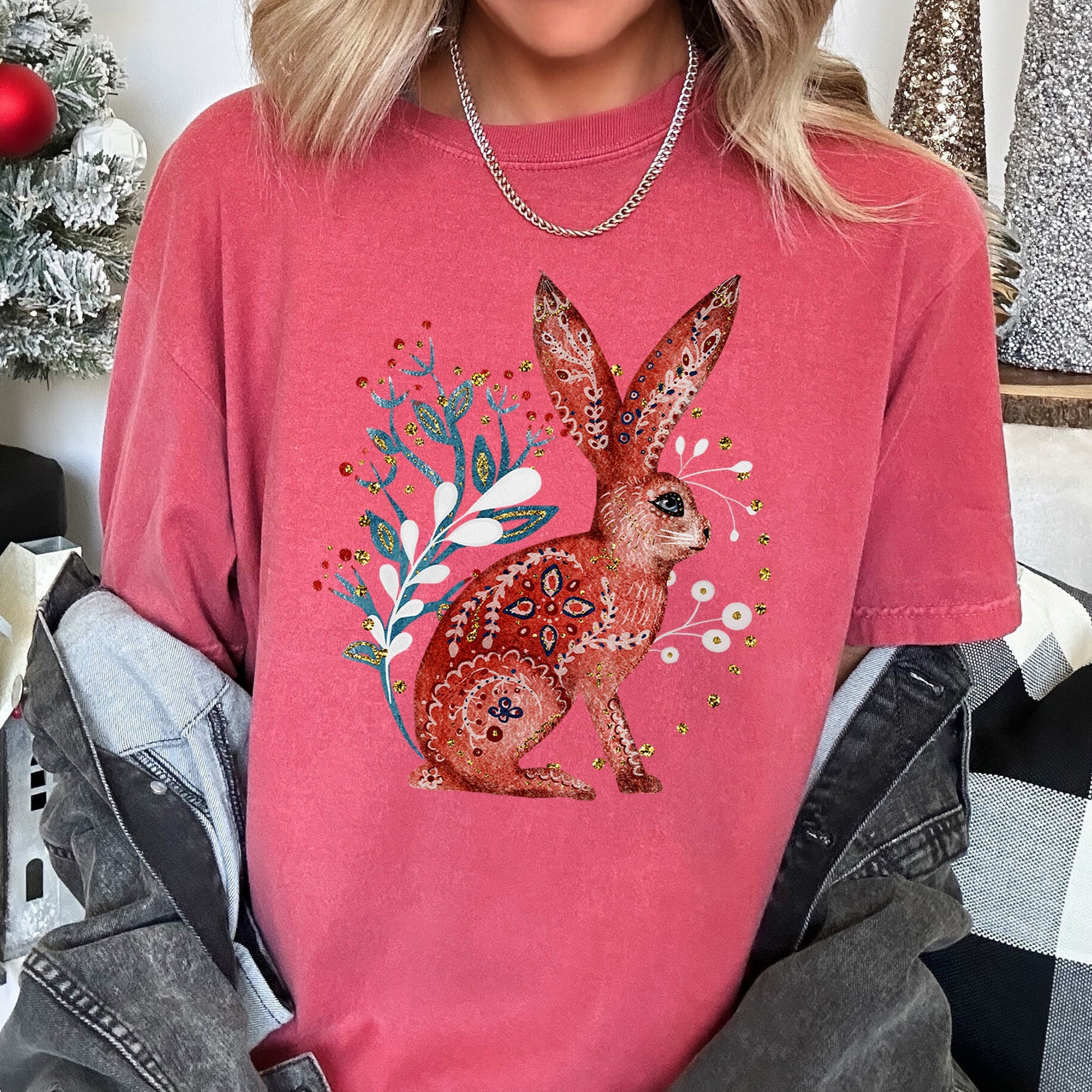 Rabbit Folk Art Inspired Scandinavian Winter Christmas Scene Art Comfort Colors Tee