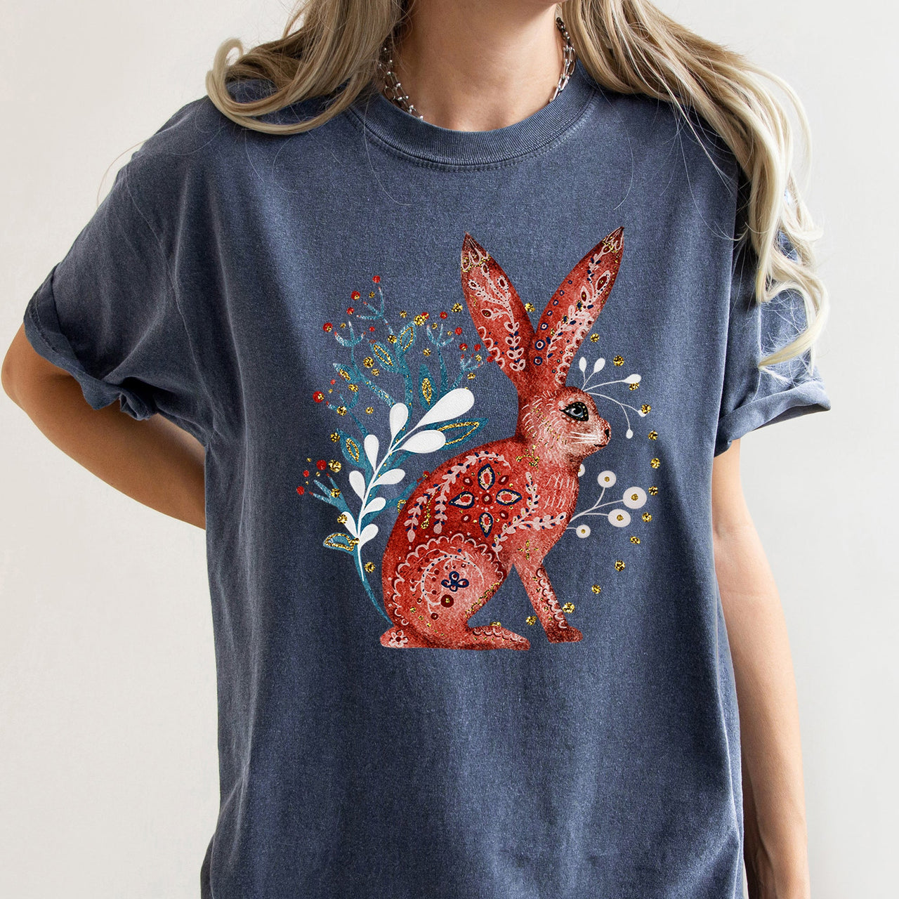 Rabbit Folk Art Inspired Scandinavian Winter Christmas Scene Art Comfort Colors Tee