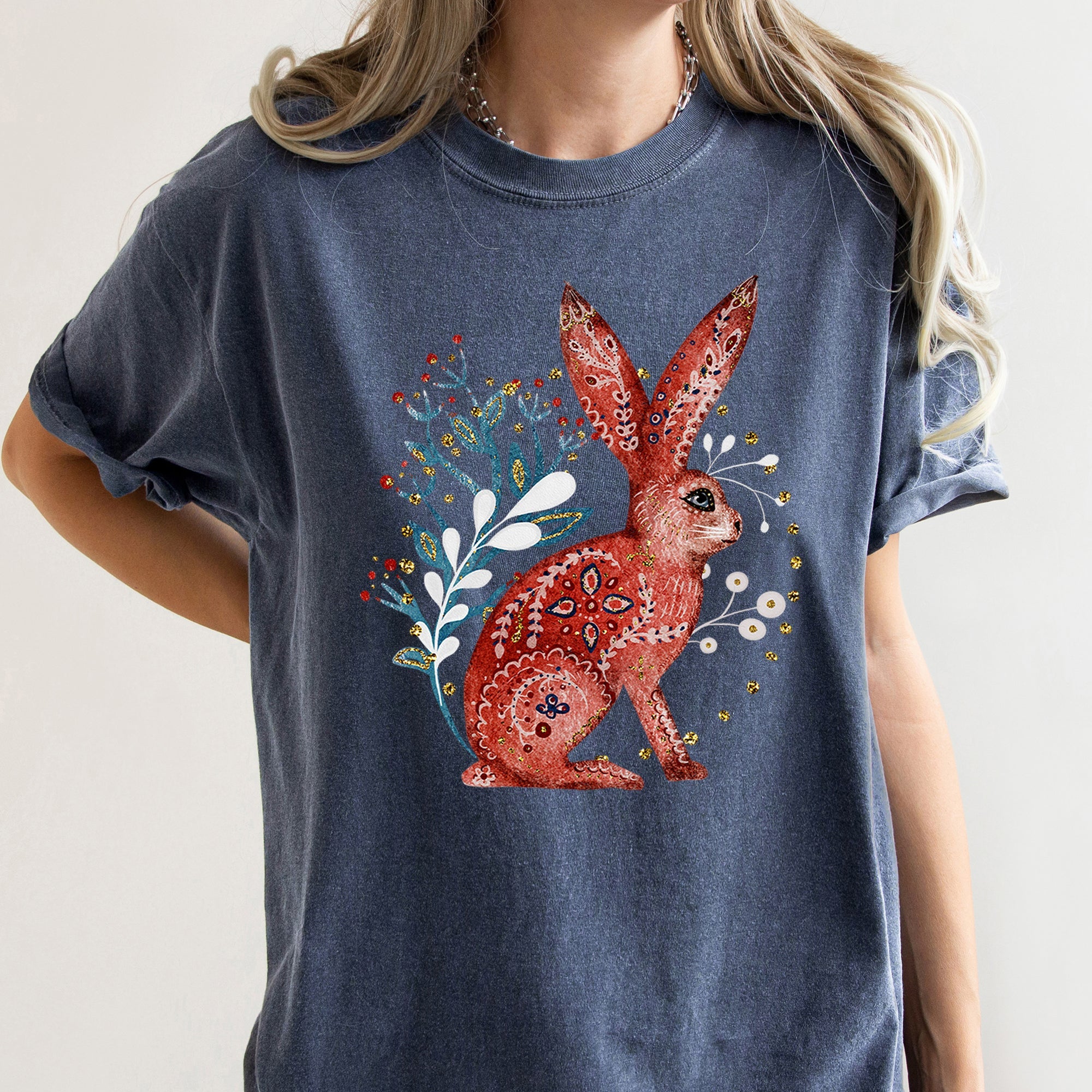 Rabbit Folk Art Inspired Scandinavian Winter Christmas Scene Art Comfort Colors Tee