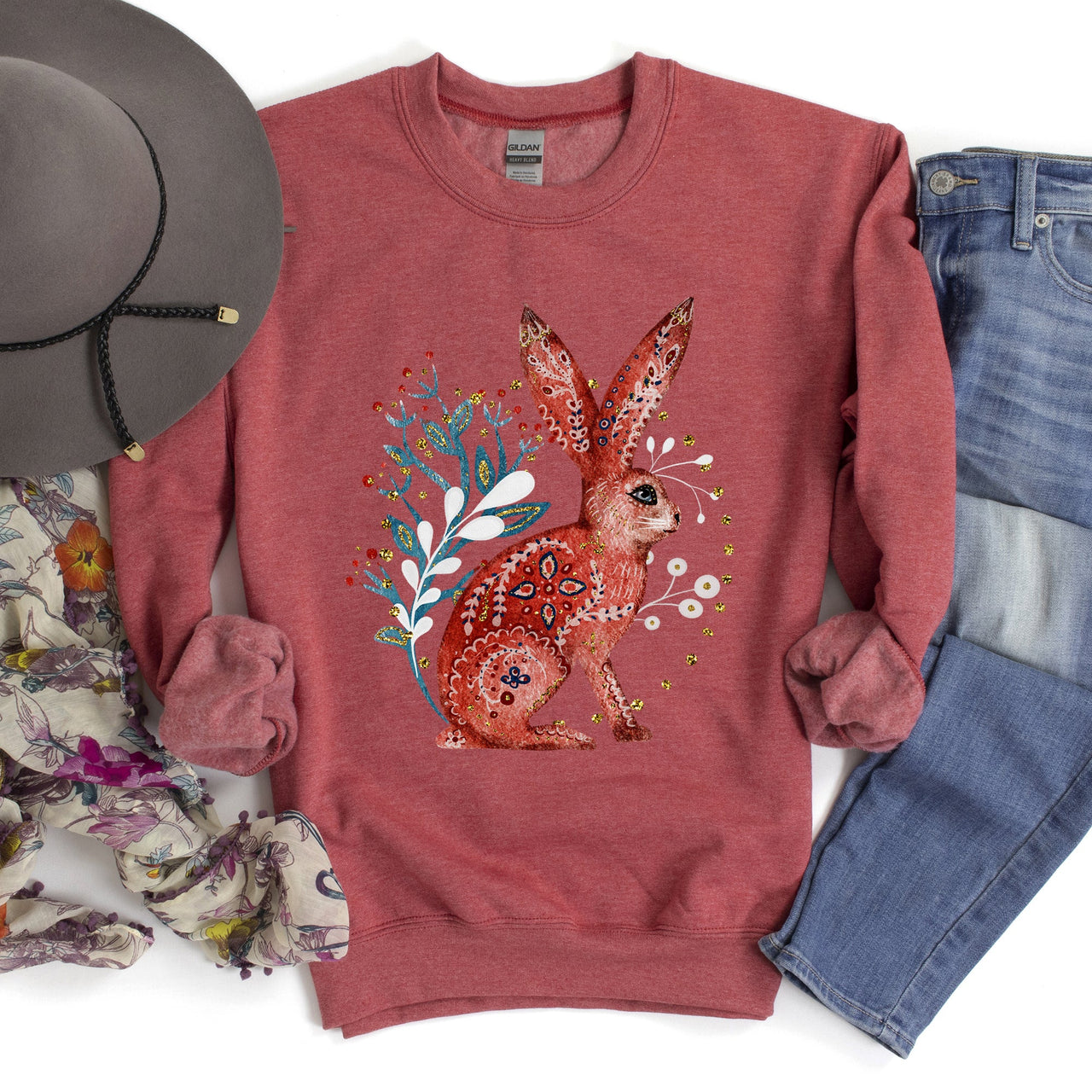 Rabbit Folk Art Inspired Scandinavian Winter Christmas Illustrated Cozy Holiday Graphic Sweatshirt