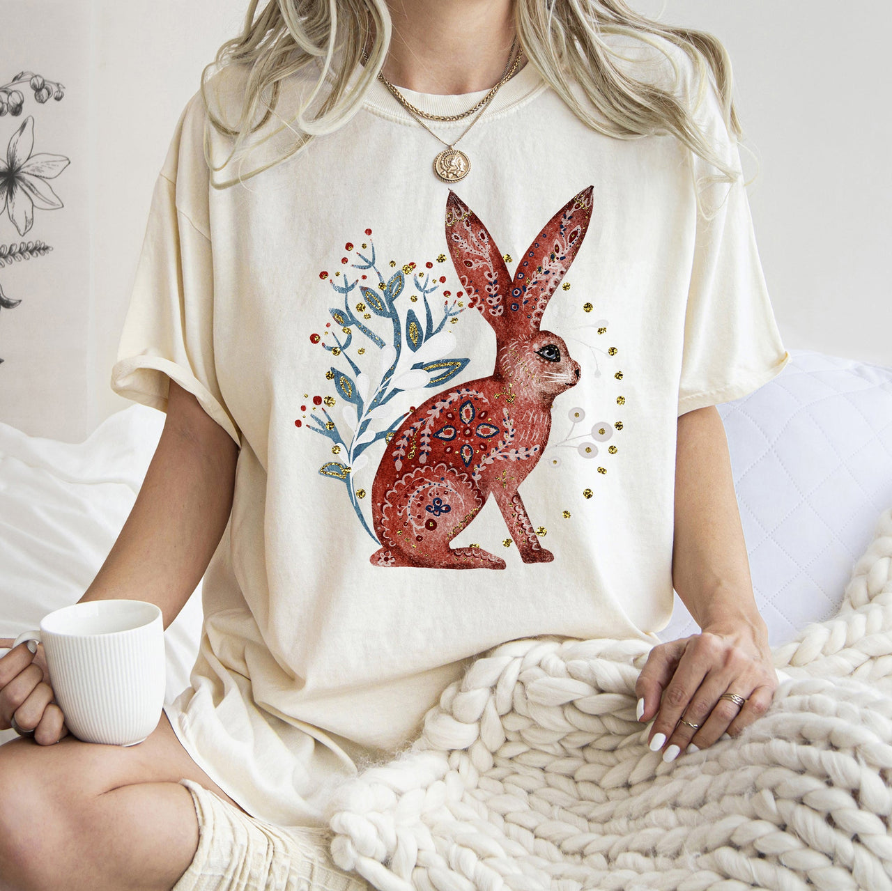 Rabbit Folk Art Inspired Scandinavian Winter Christmas Scene Art Comfort Colors Tee