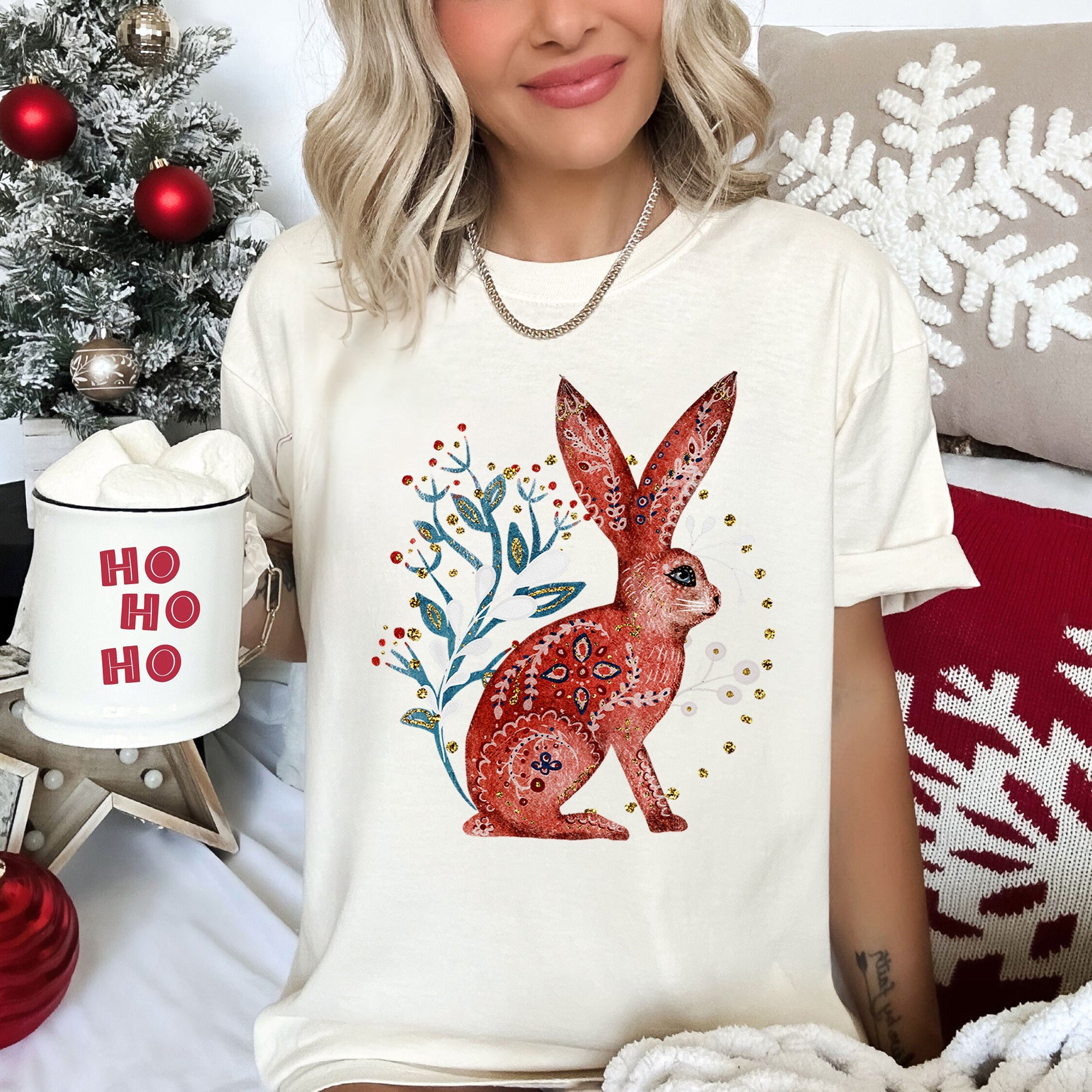 Rabbit Folk Art Inspired Scandinavian Winter Christmas Scene Art Comfort Colors Tee