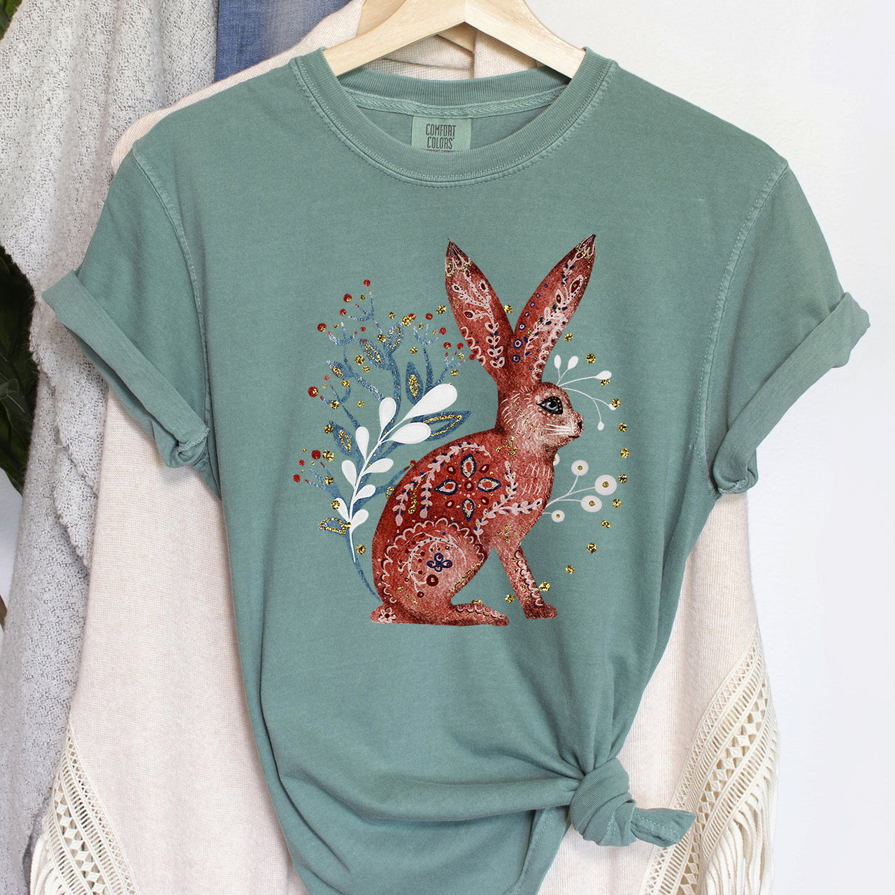 Rabbit Folk Art Inspired Scandinavian Winter Christmas Scene Art Comfort Colors Tee