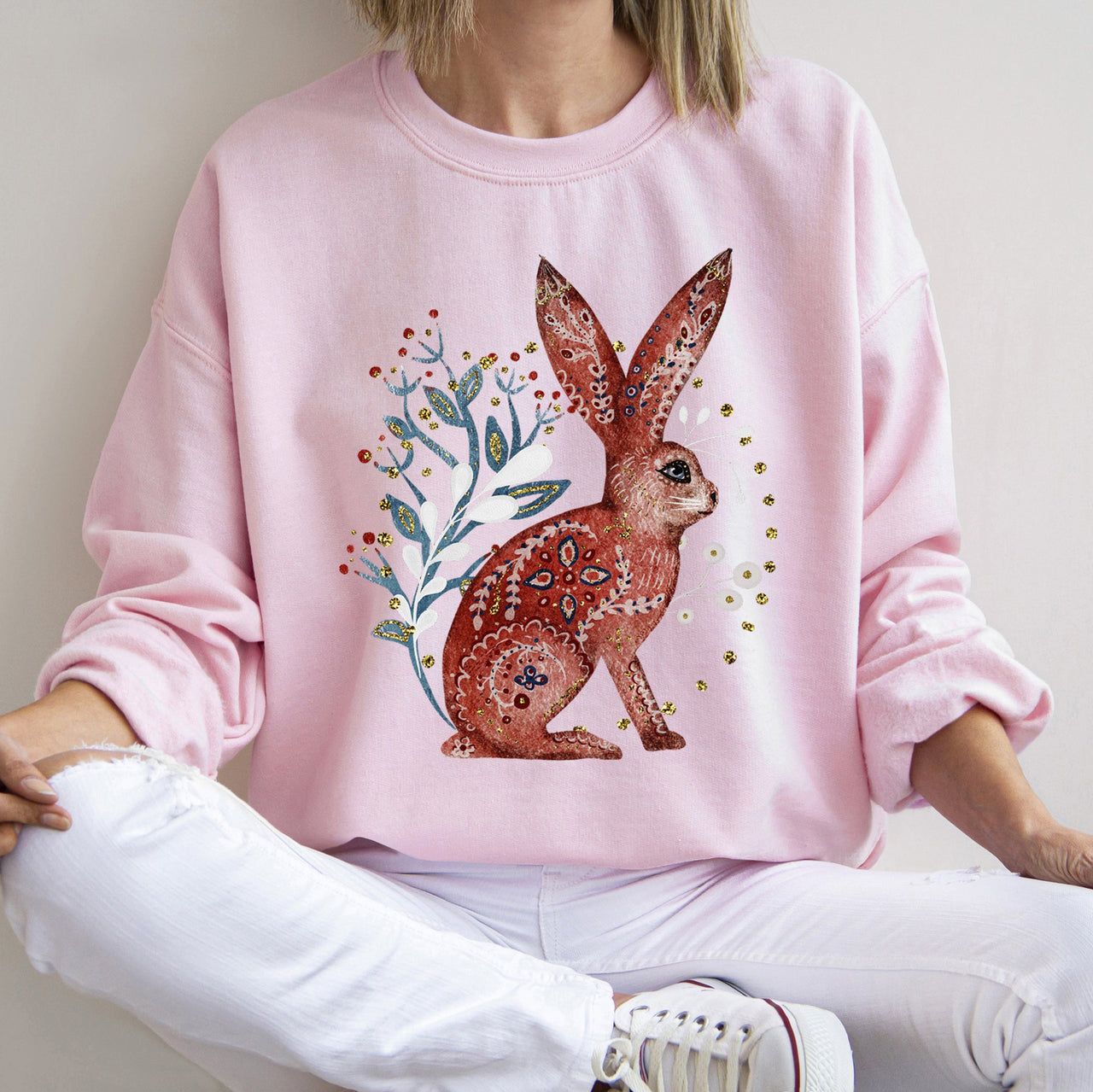 Rabbit Folk Art Inspired Scandinavian Winter Christmas Illustrated Cozy Holiday Graphic Sweatshirt