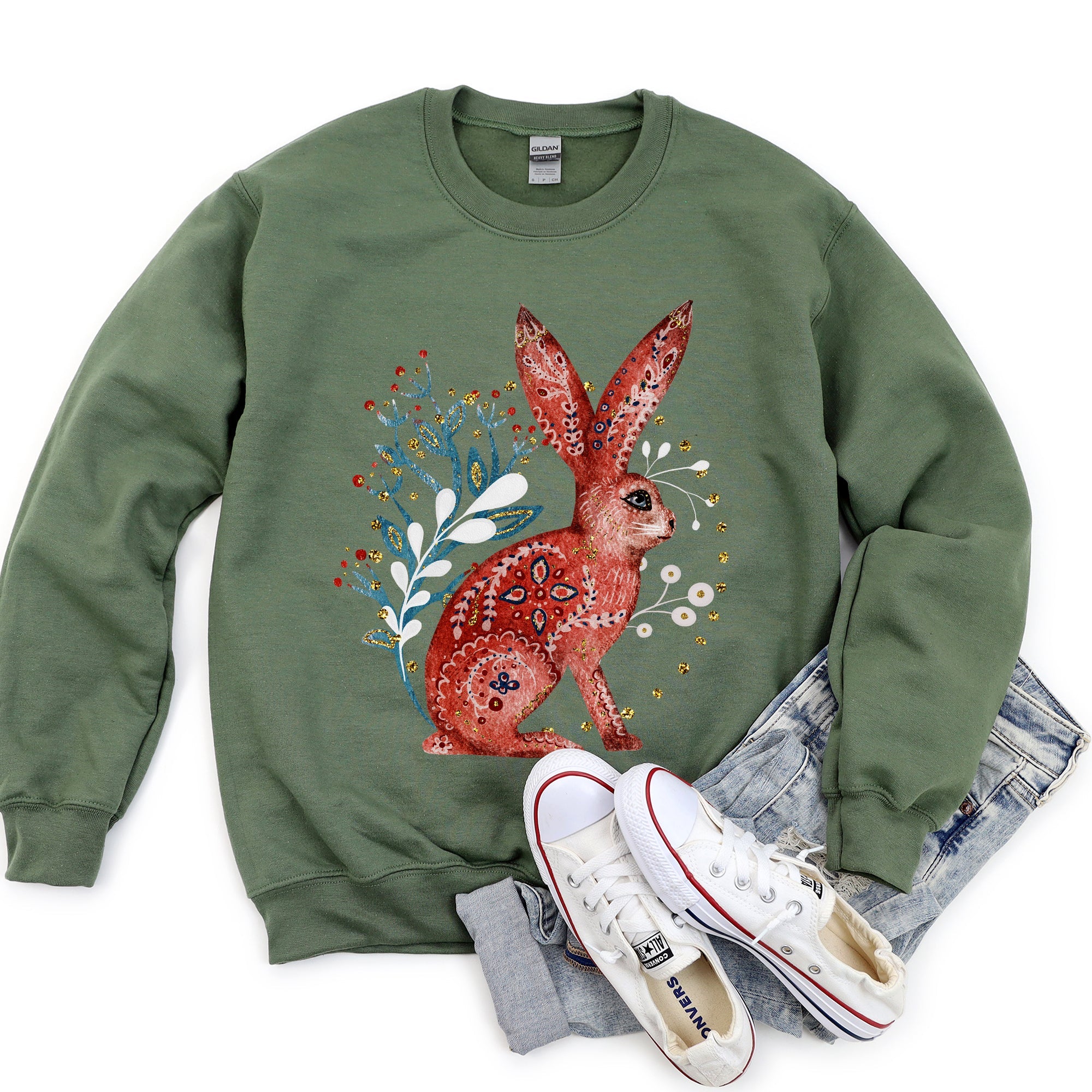 Rabbit Folk Art Inspired Scandinavian Winter Christmas Illustrated Cozy Holiday Graphic Sweatshirt