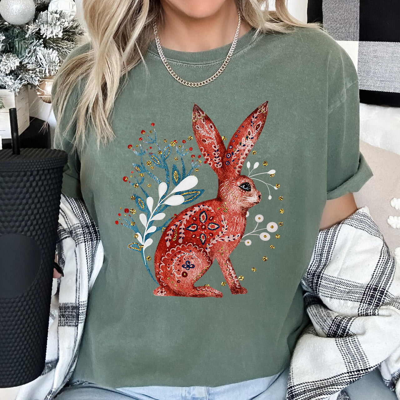 Rabbit Folk Art Inspired Scandinavian Winter Christmas Scene Art Comfort Colors Tee