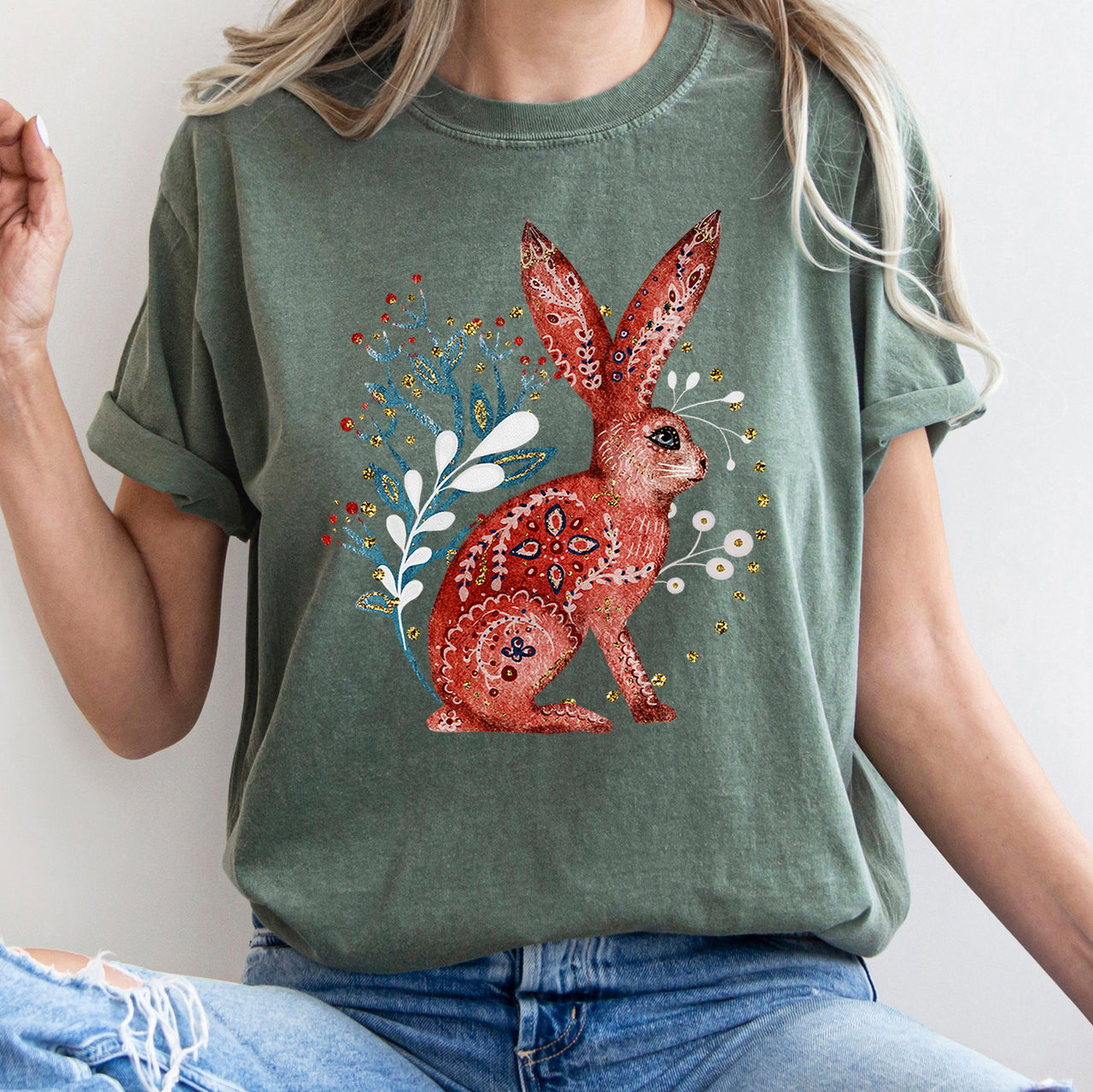 Rabbit Folk Art Inspired Scandinavian Winter Christmas Scene Art Comfort Colors Tee