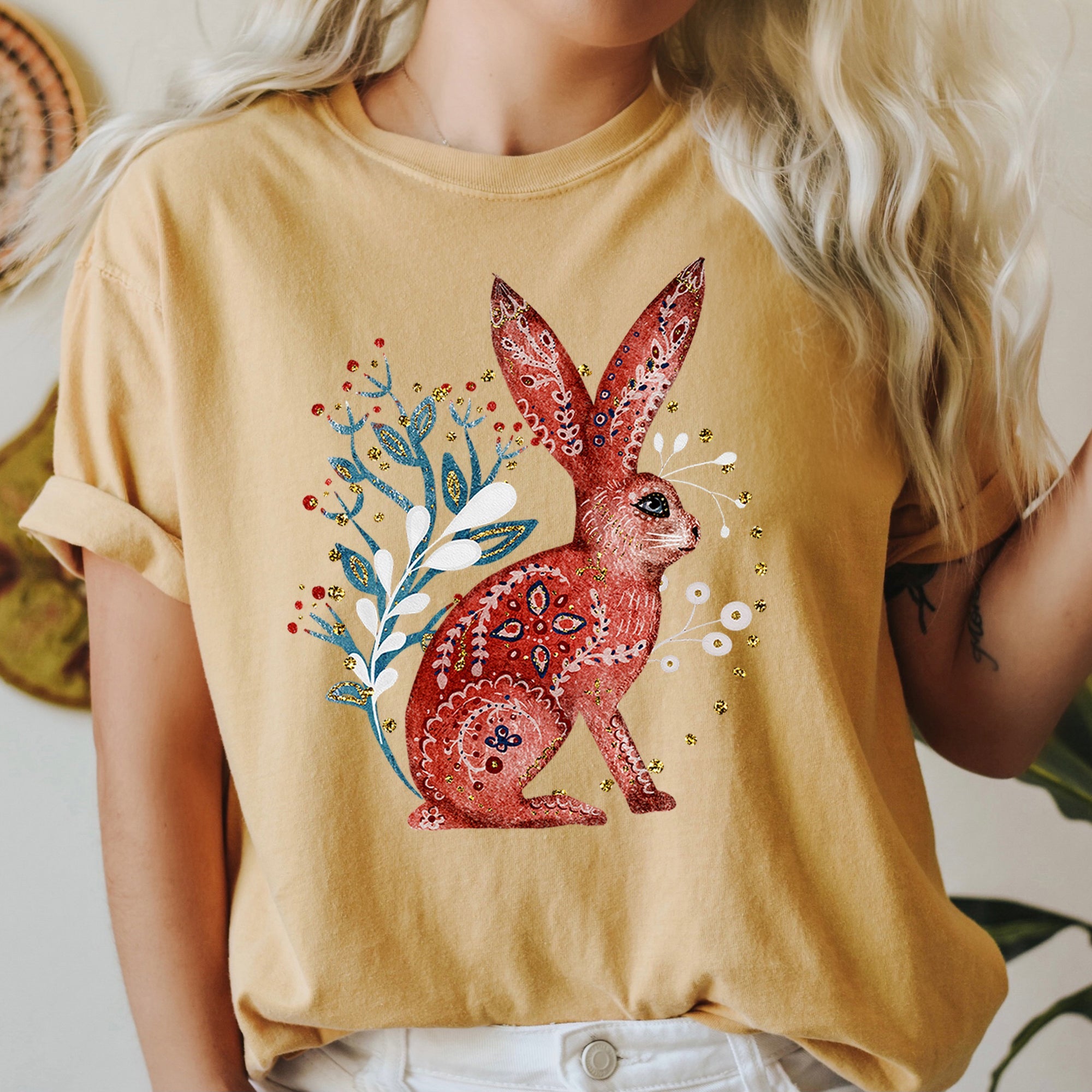 Rabbit Folk Art Inspired Scandinavian Winter Christmas Scene Art Comfort Colors Tee