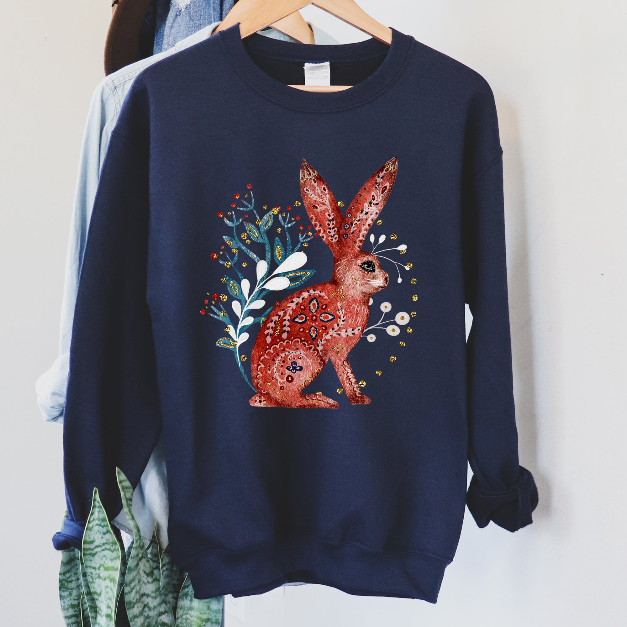 Rabbit Folk Art Inspired Scandinavian Winter Christmas Illustrated Cozy Holiday Graphic Sweatshirt
