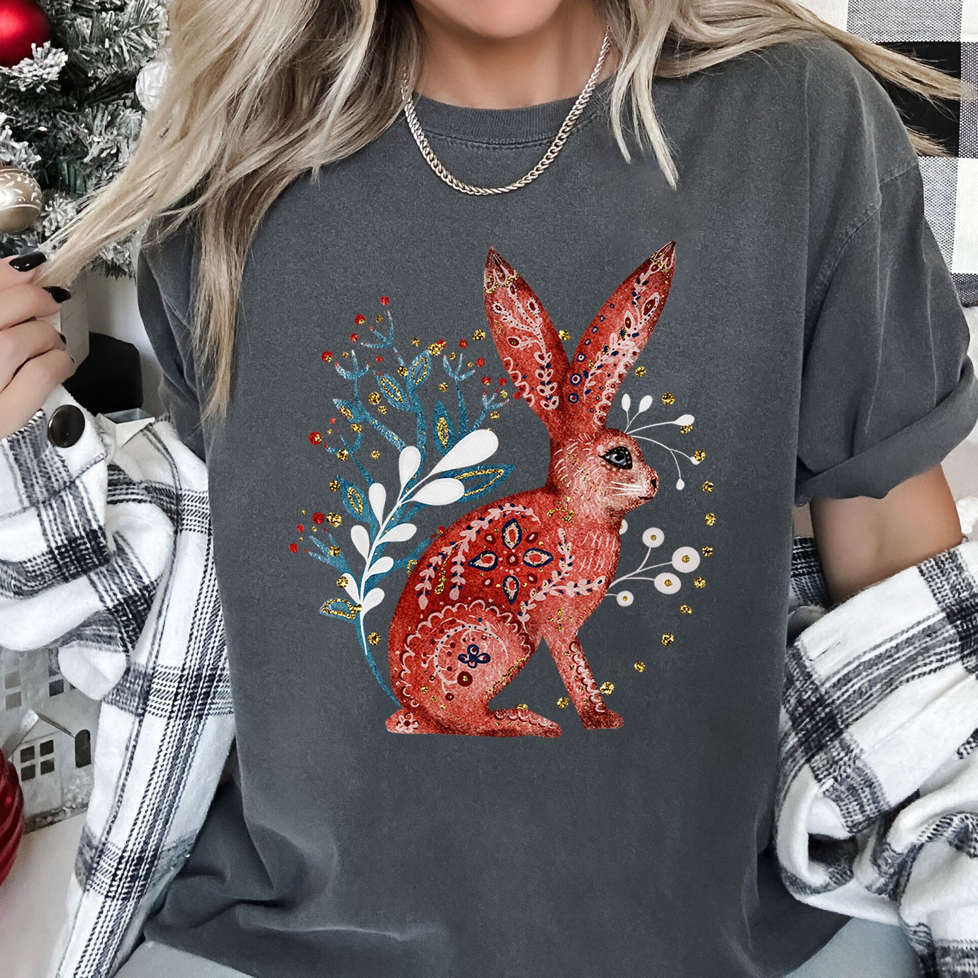 Rabbit Folk Art Inspired Scandinavian Winter Christmas Scene Art Comfort Colors Tee