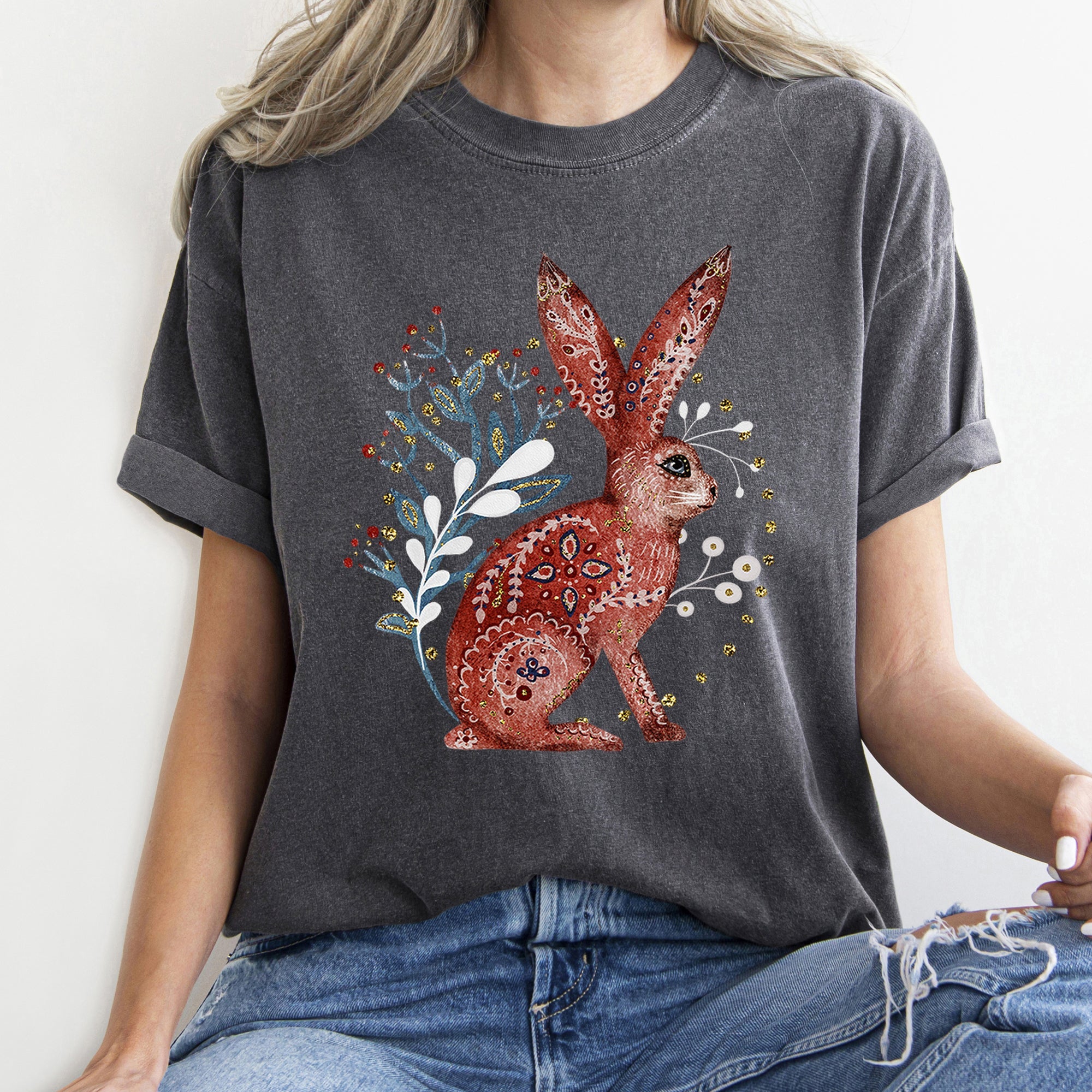 Rabbit Folk Art Inspired Scandinavian Winter Christmas Scene Art Comfort Colors Tee