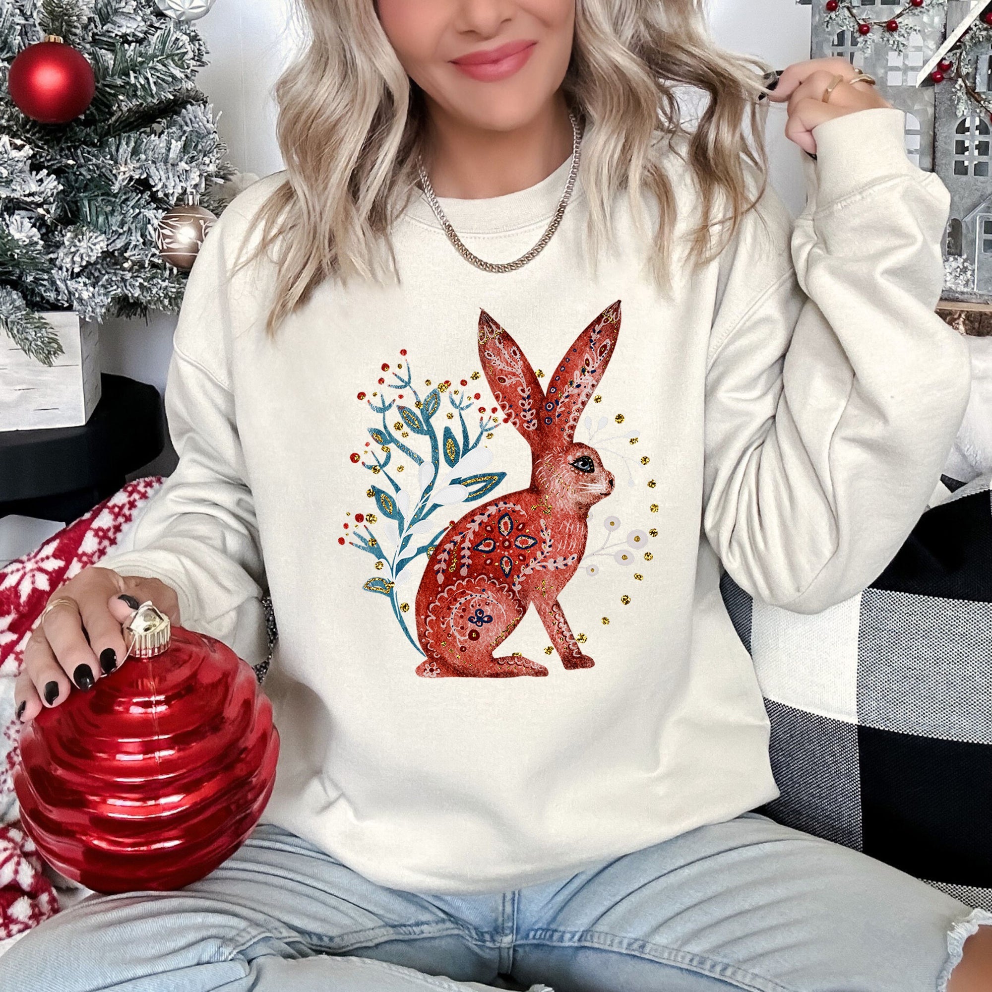 Rabbit Folk Art Inspired Scandinavian Winter Christmas Illustrated Cozy Holiday Graphic Sweatshirt