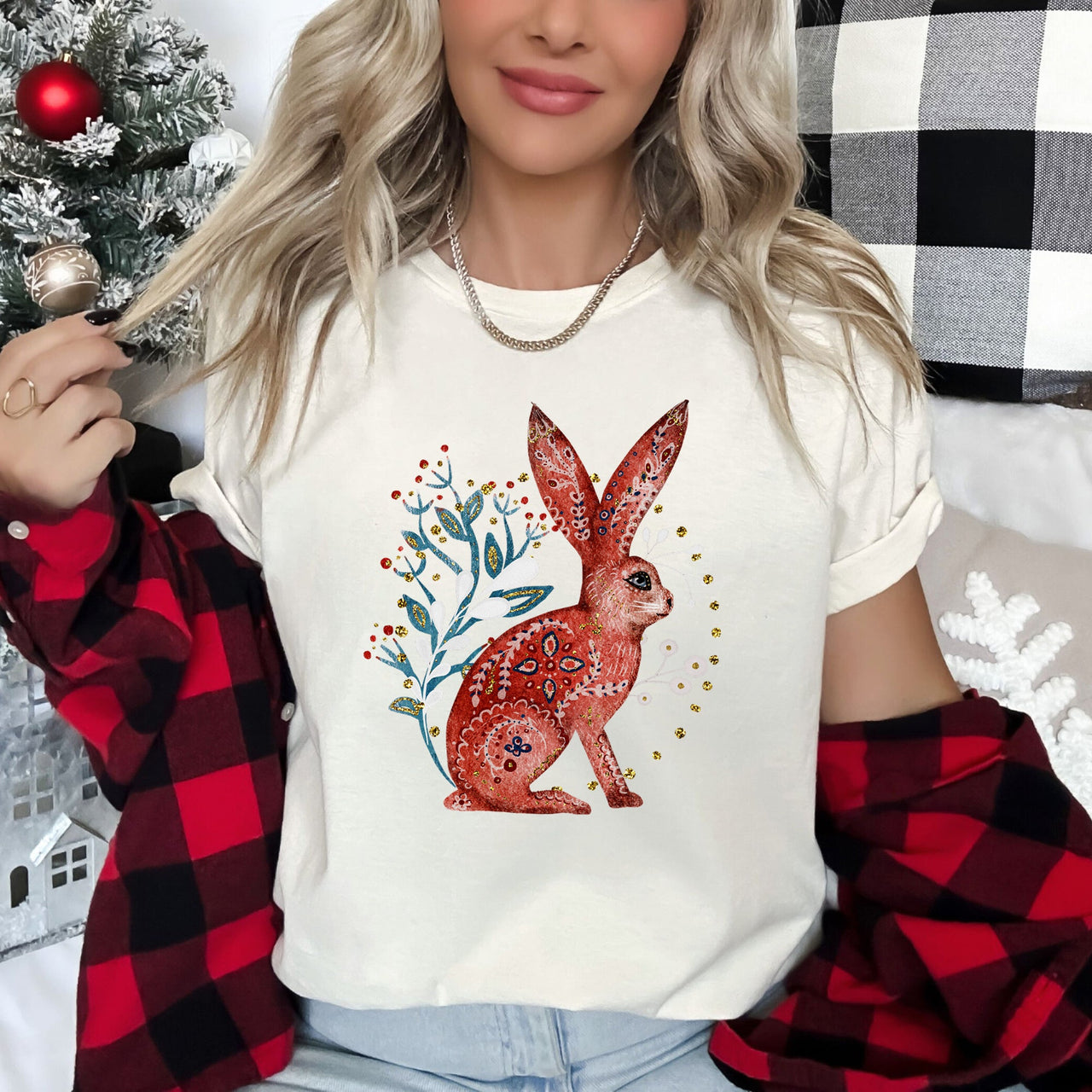Rabbit Folk Art Scandinavian Winter Christmas Illustration With Cozy Nordic Charm Graphic Tee
