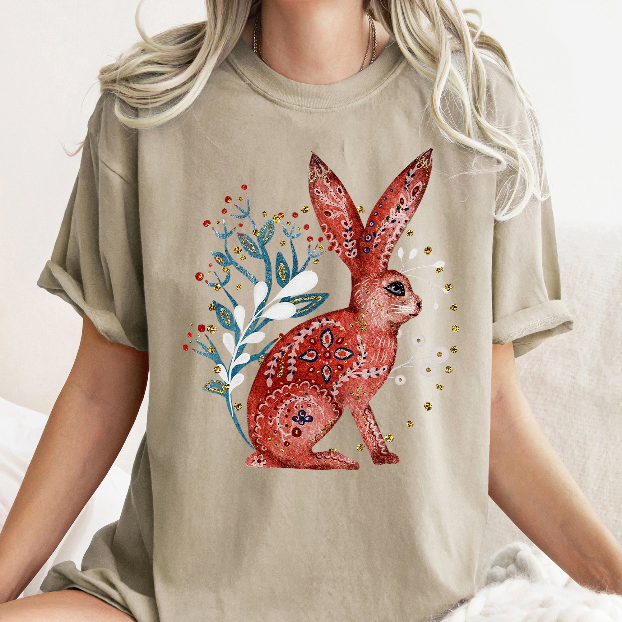 Rabbit Folk Art Inspired Scandinavian Winter Christmas Scene Art Comfort Colors Tee