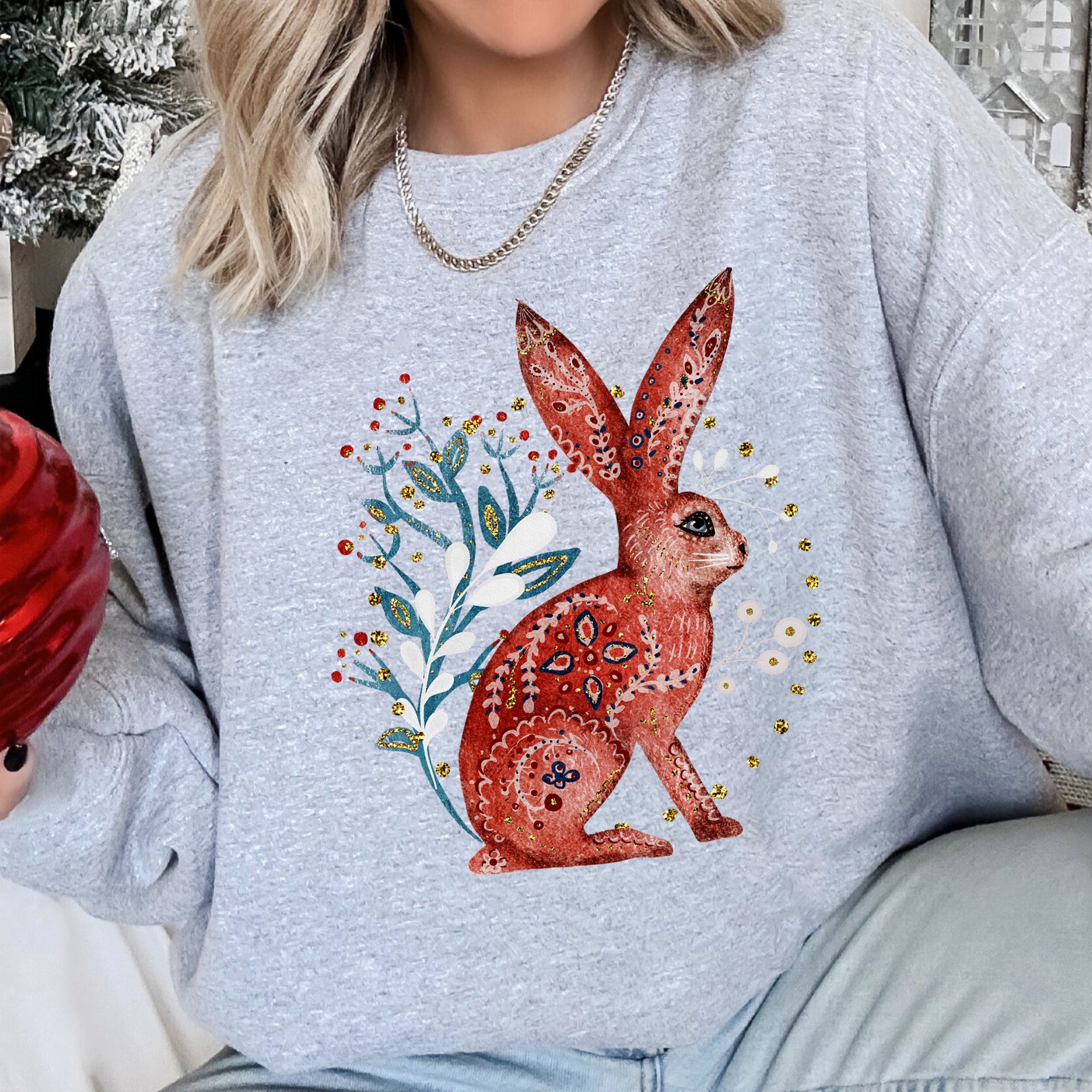 Rabbit Folk Art Inspired Scandinavian Winter Christmas Illustrated Cozy Holiday Graphic Sweatshirt