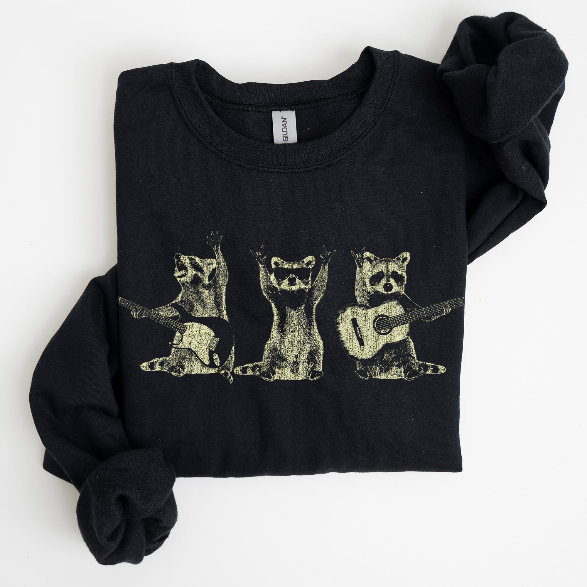 Raccoon Band Playing Guitar Funny Animals Cartoon Graphic Art Illustration Sweatshirt
