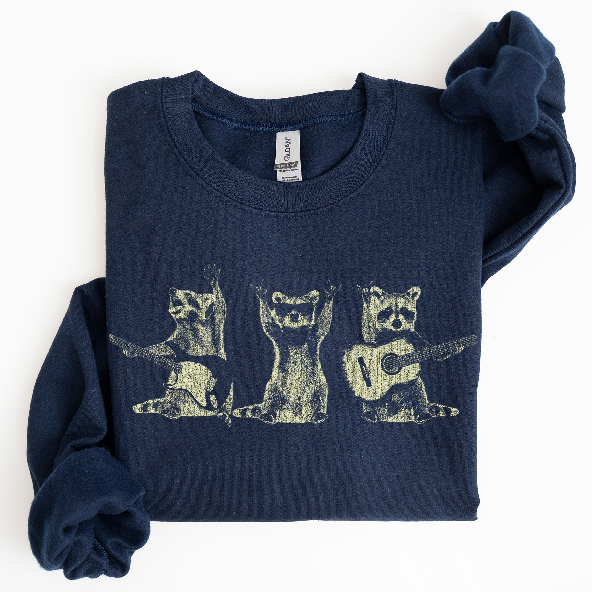Raccoon Band Playing Guitar Funny Animals Cartoon Graphic Art Illustration Sweatshirt