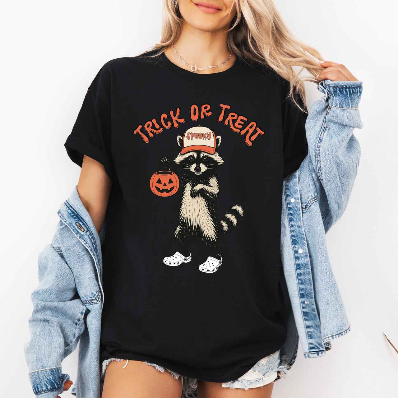 Raccoon Trick Or Treat Halloween Spooky Cute Playful Night Time Creature Graphic Tee