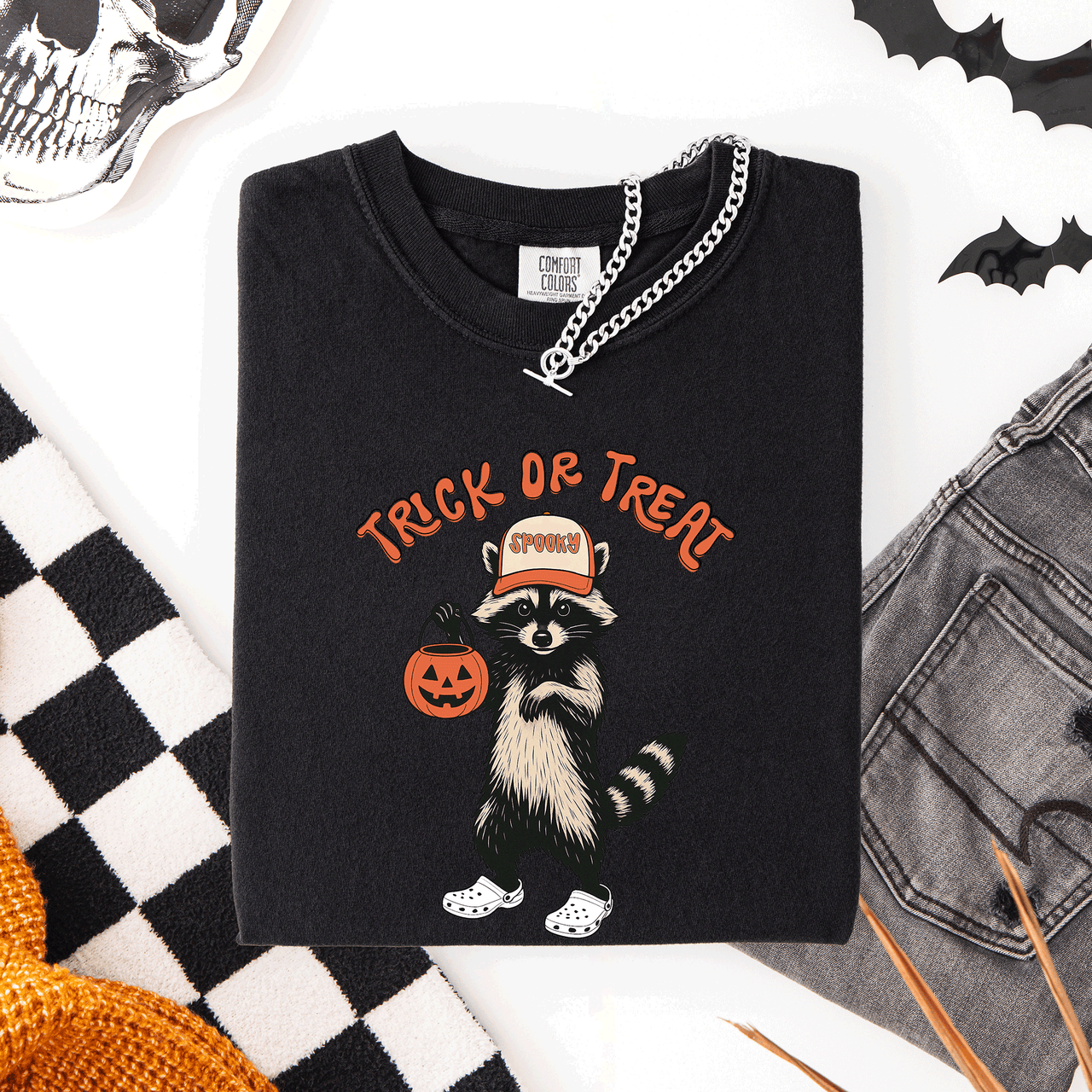 Raccoon Trick Or Treat Halloween Spooky Nighttime Illustration Artwork Comfort Colors Tee