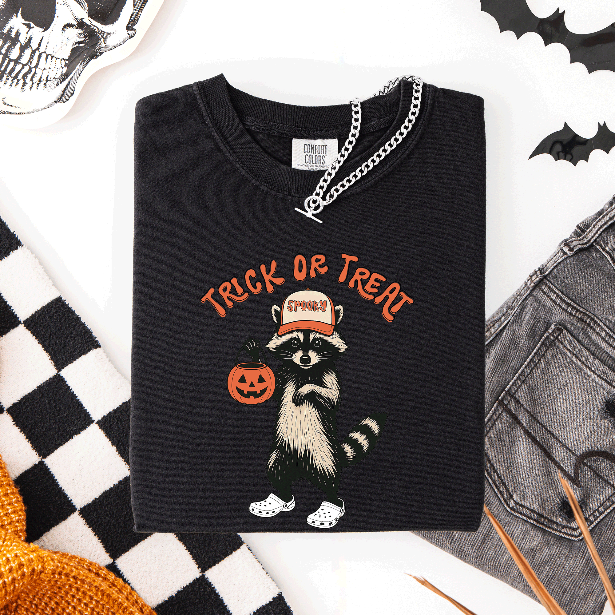 Raccoon Trick Or Treat Halloween Spooky Nighttime Illustration Artwork Comfort Colors Tee