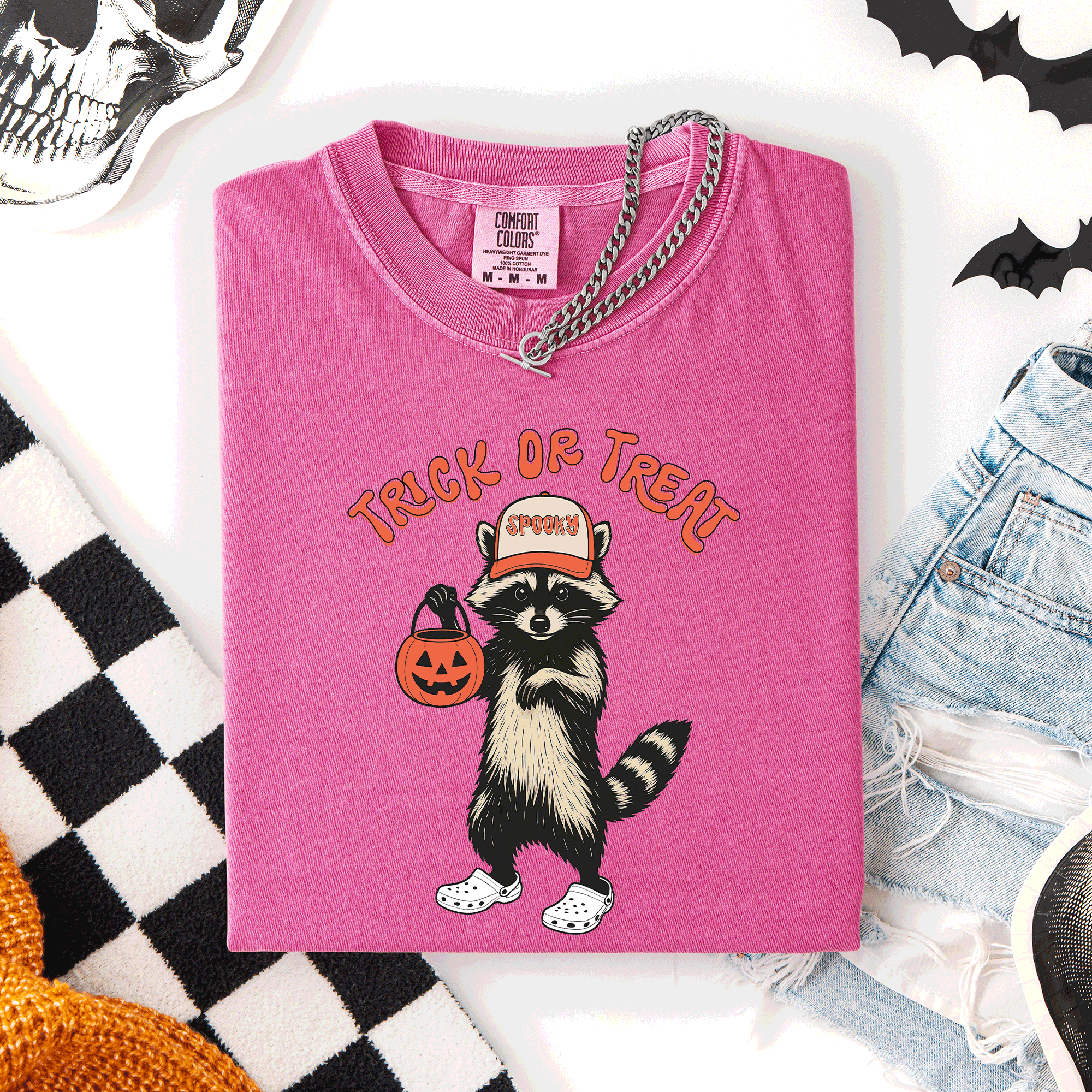 Raccoon Trick Or Treat Halloween Spooky Nighttime Illustration Artwork Comfort Colors Tee